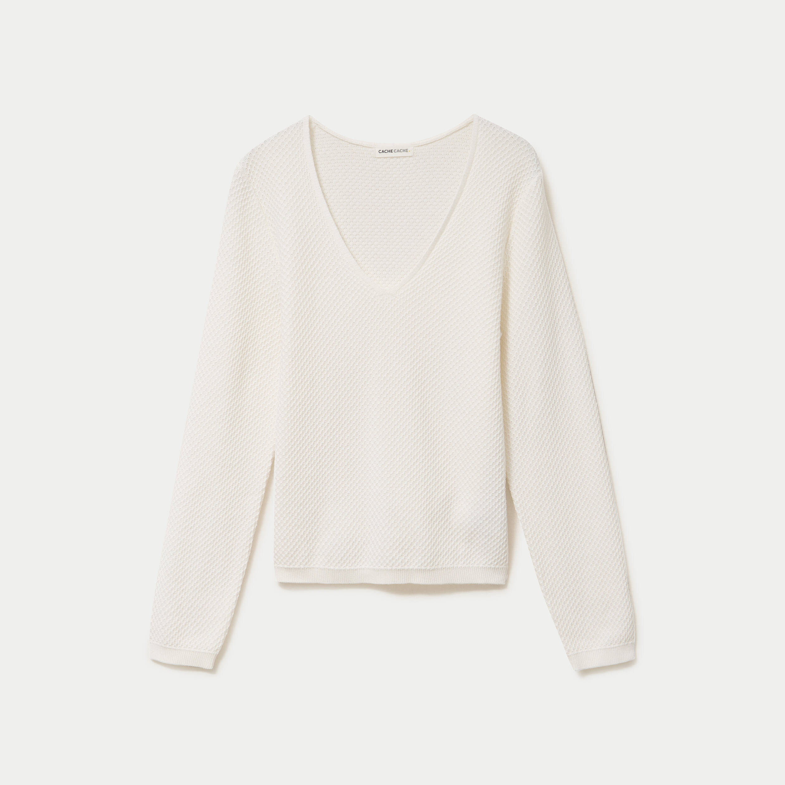 Pull col v manches longues ecru femme