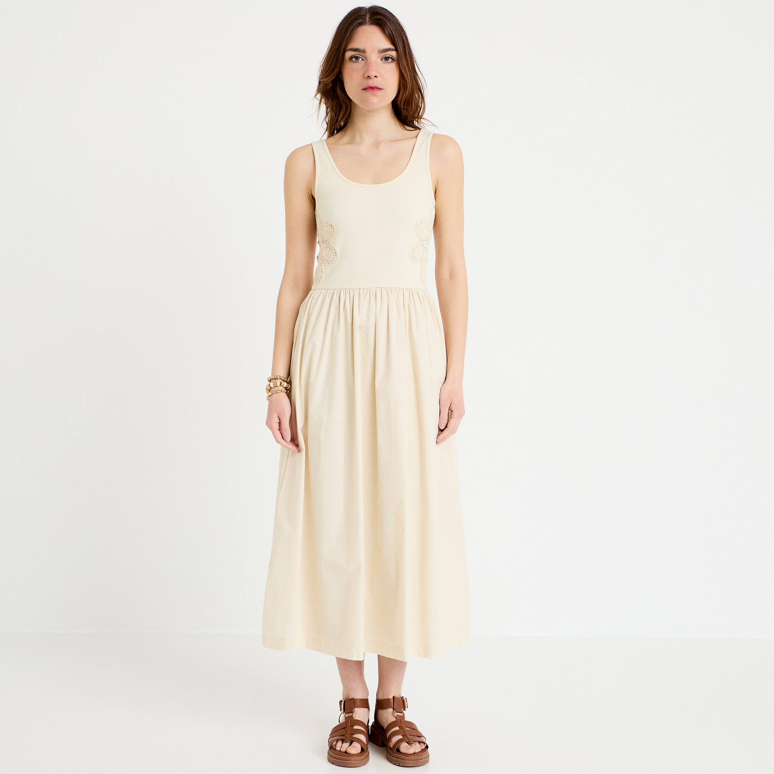 Robe longue &eacute;vas&eacute;e bi-mati&egrave;re ecru femme
