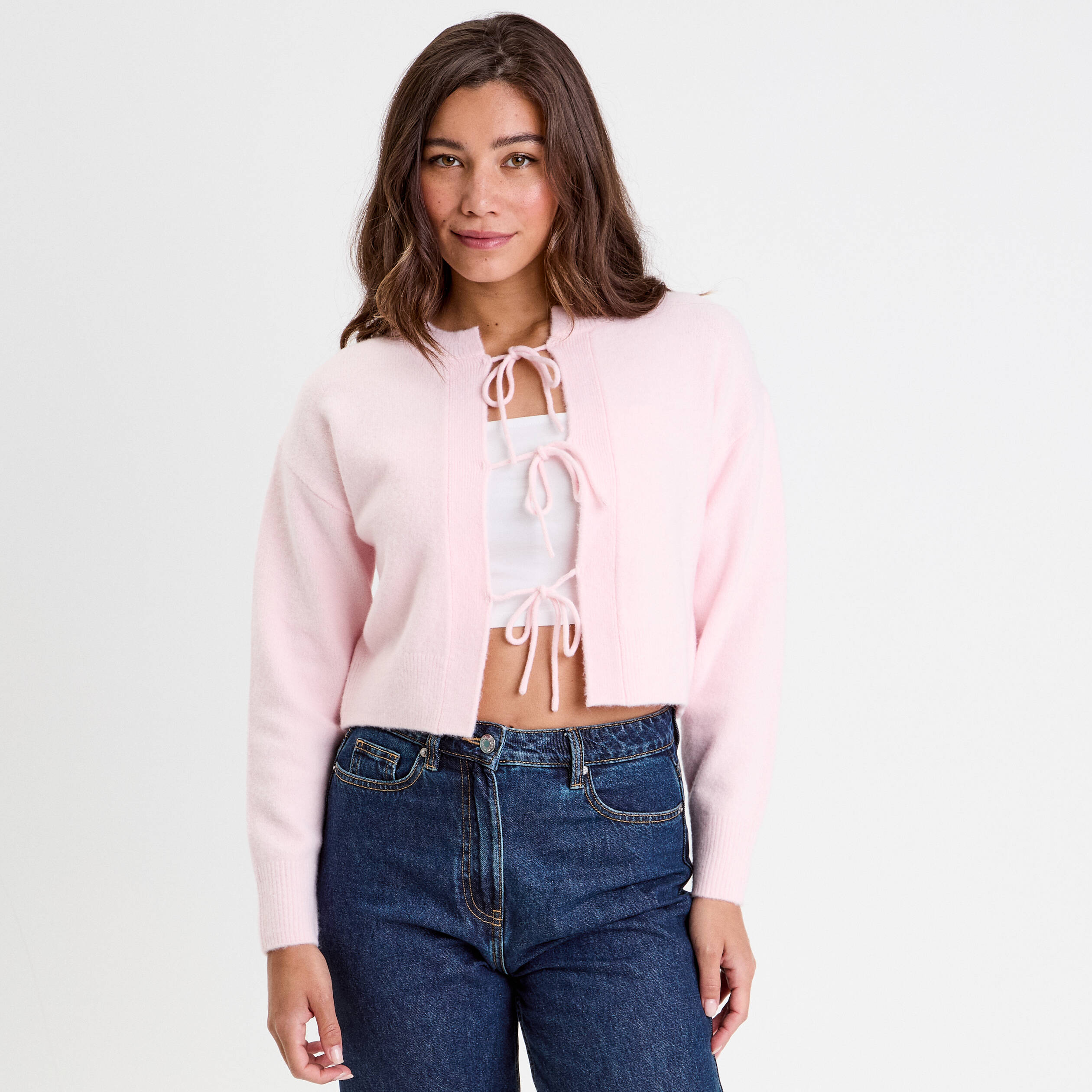 Gilet court nou&eacute; rose clair femme