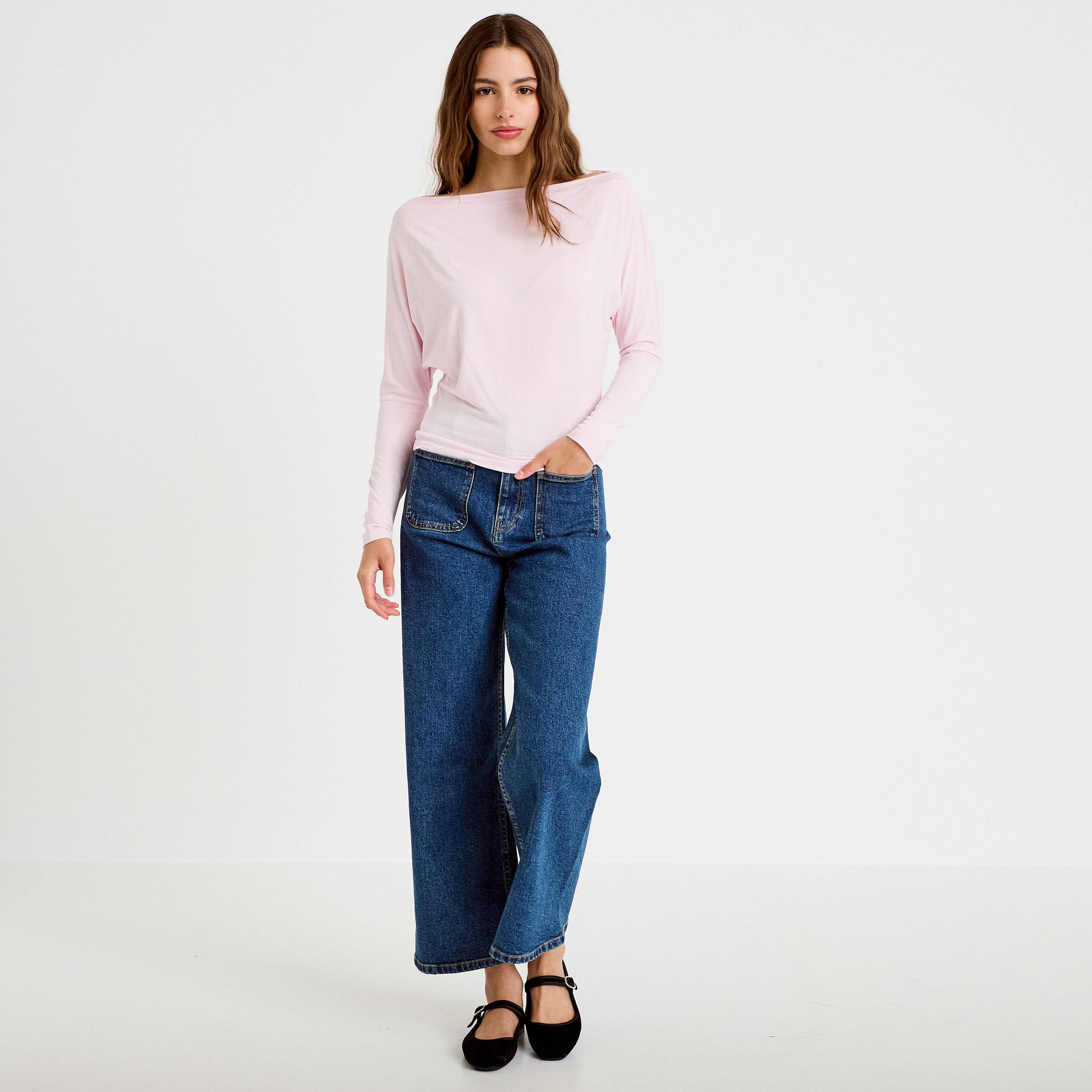 T-shirt col bateau manches longues rose clair femme