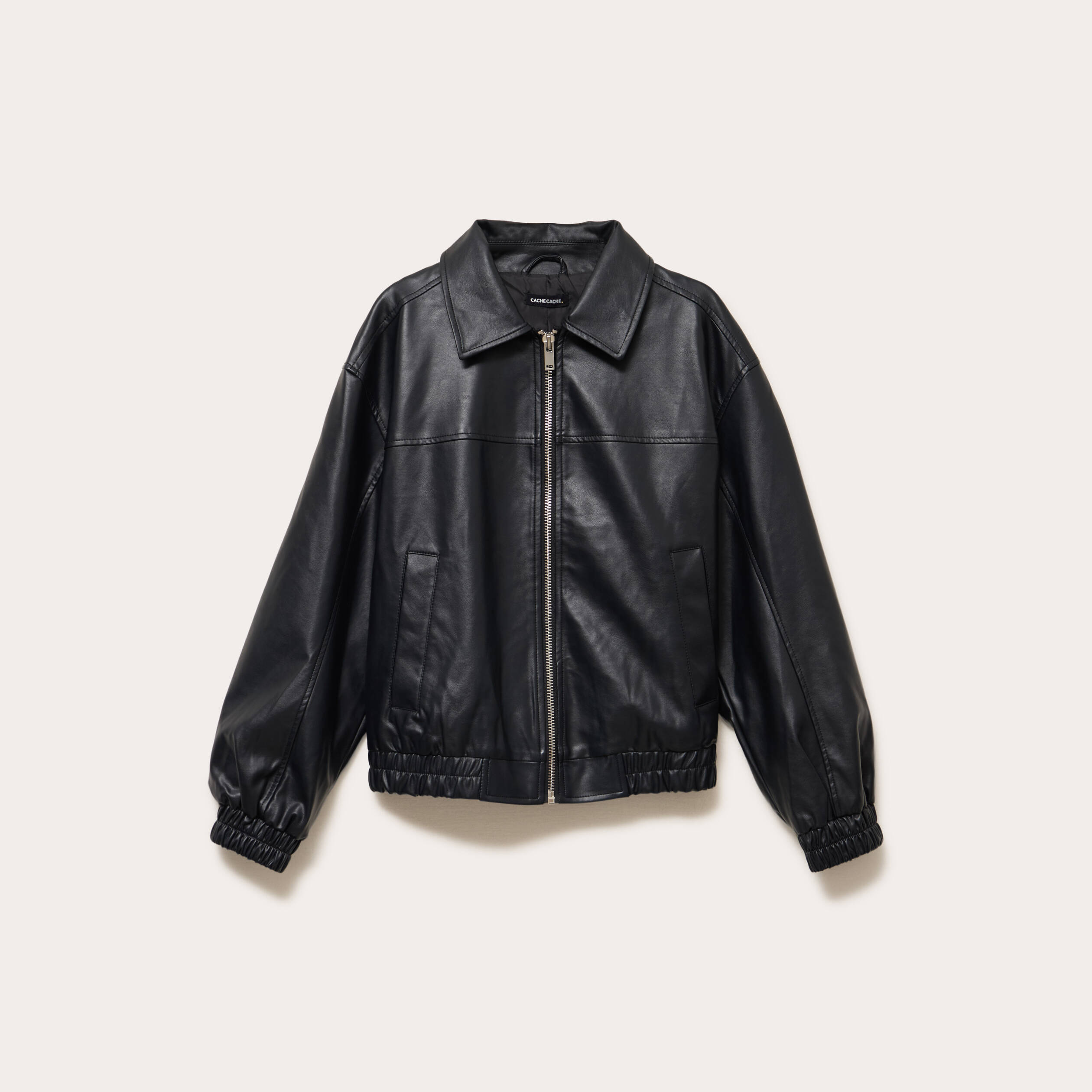 Bomber oversize similicuir col chemise noir femme
