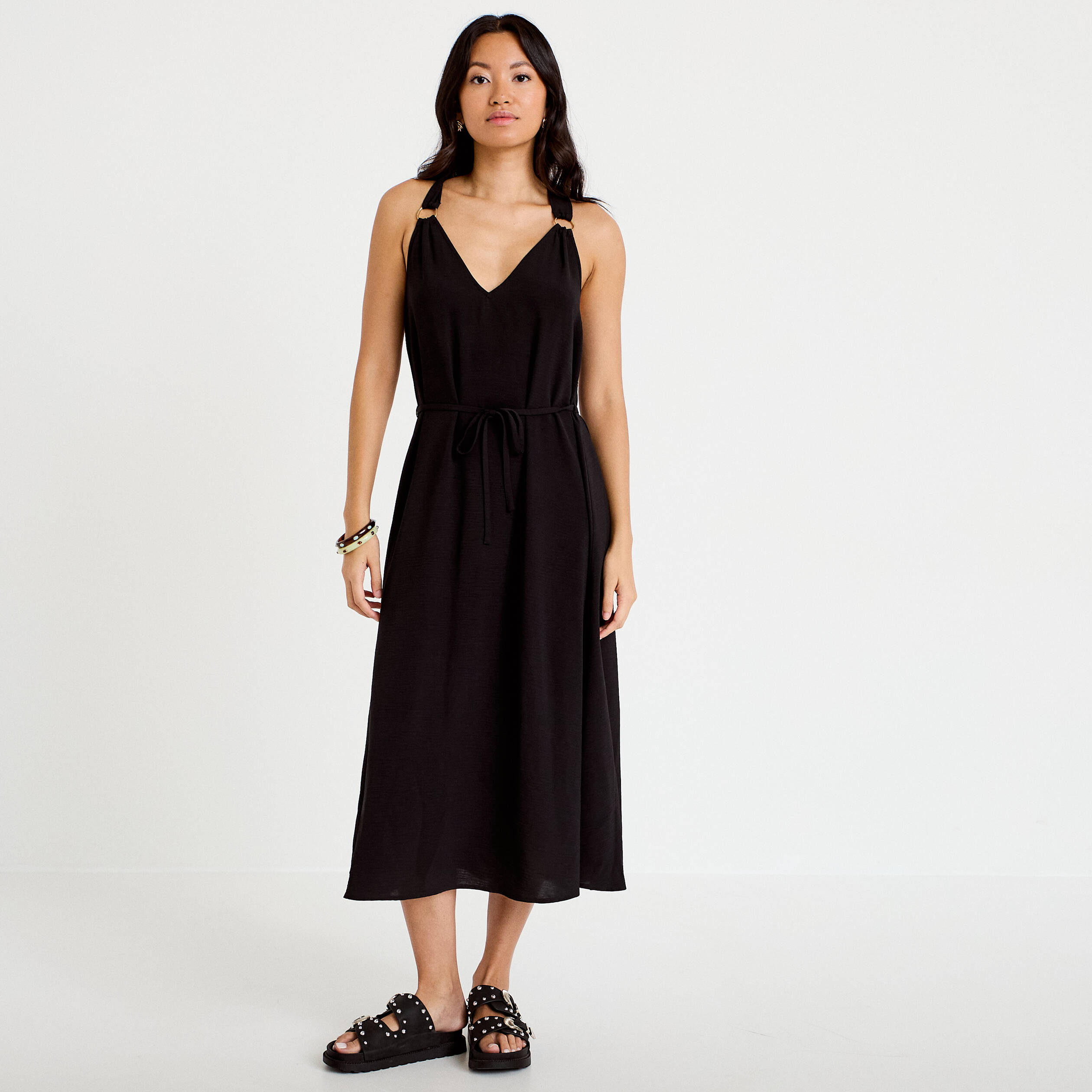 Robe longue droite col v bretelles fines noir femme