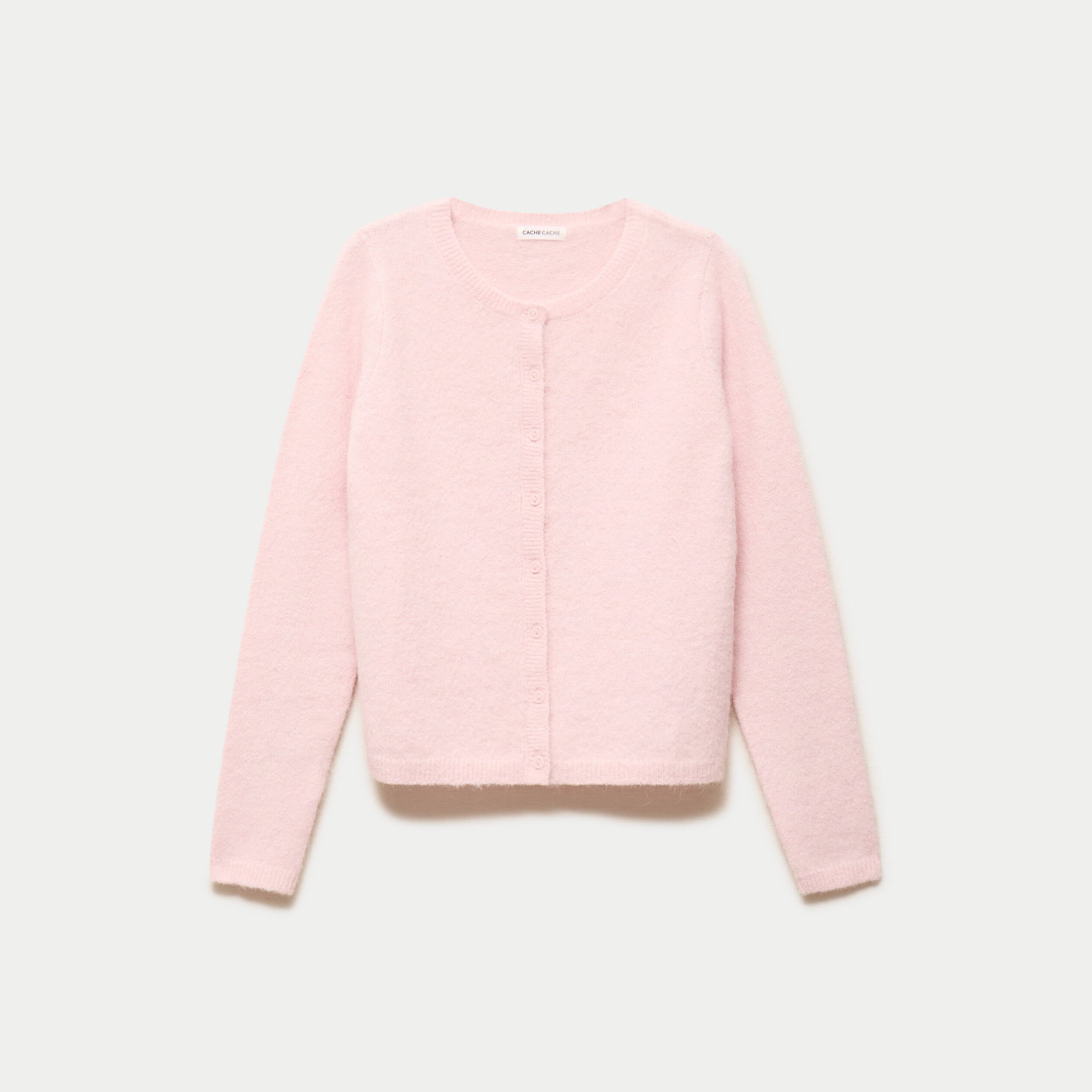 Gilet col rond manches longues rose clair femme