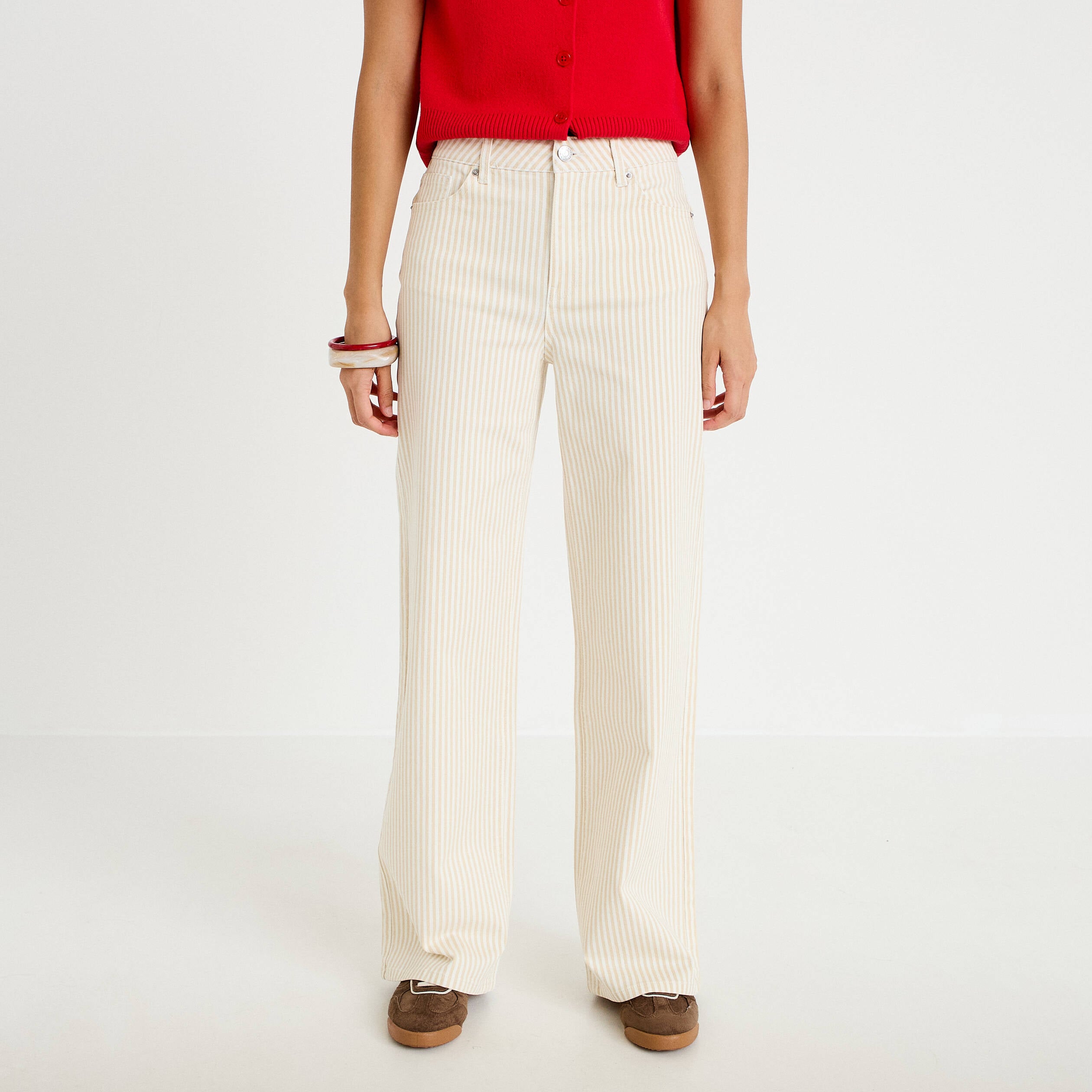 Jean wide leg ray&eacute; taille haute beige femme