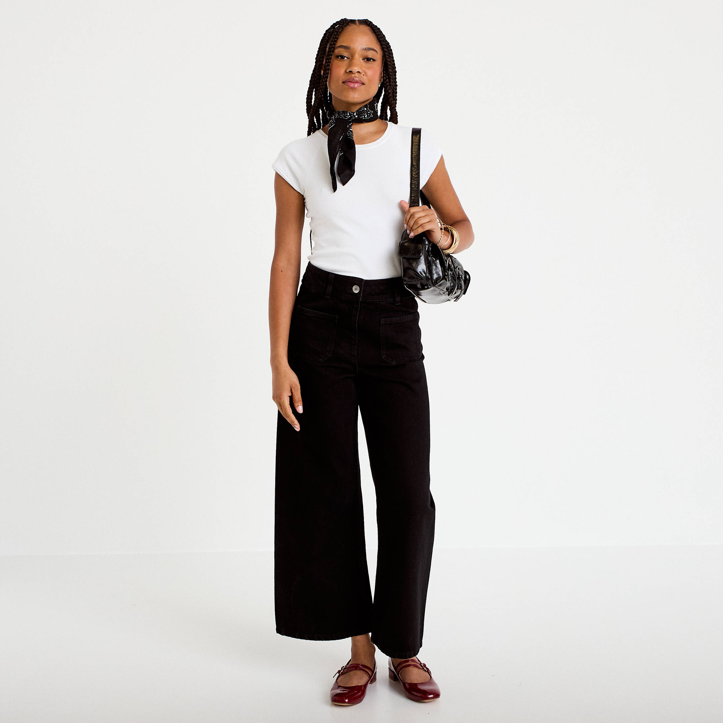 Jean wide leg cropped taille haute denim noir femme