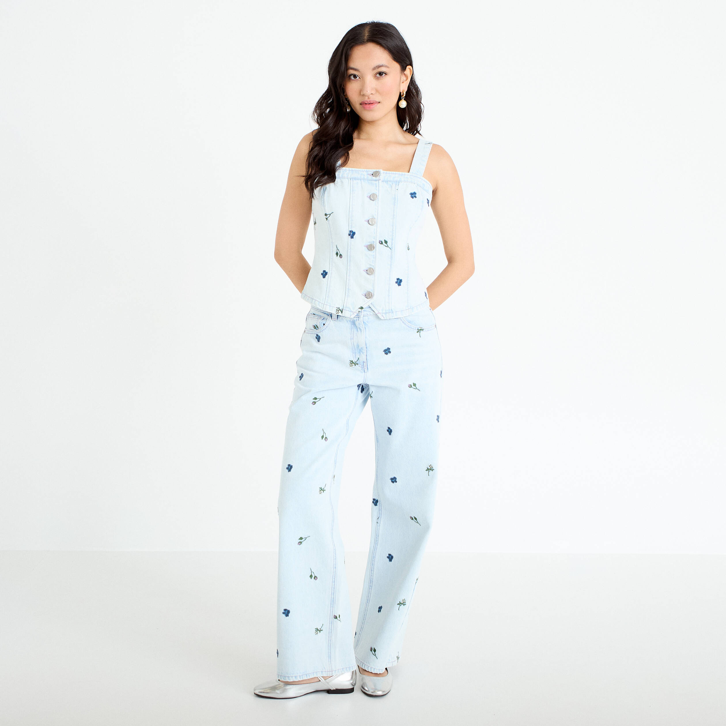 Jean wide leg brod&eacute; Bridgerton bleu clair femme