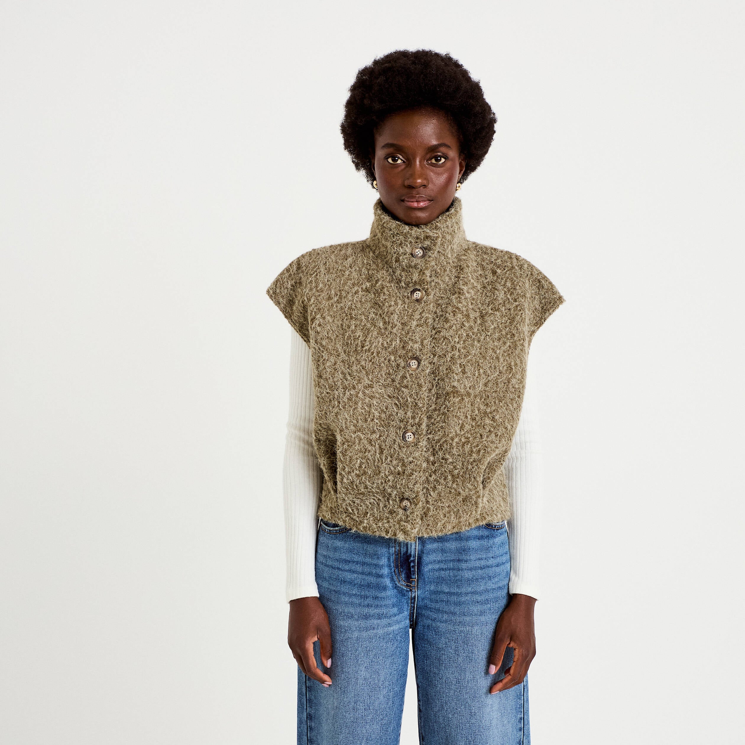 Veste sans manches col montant vert kaki femme