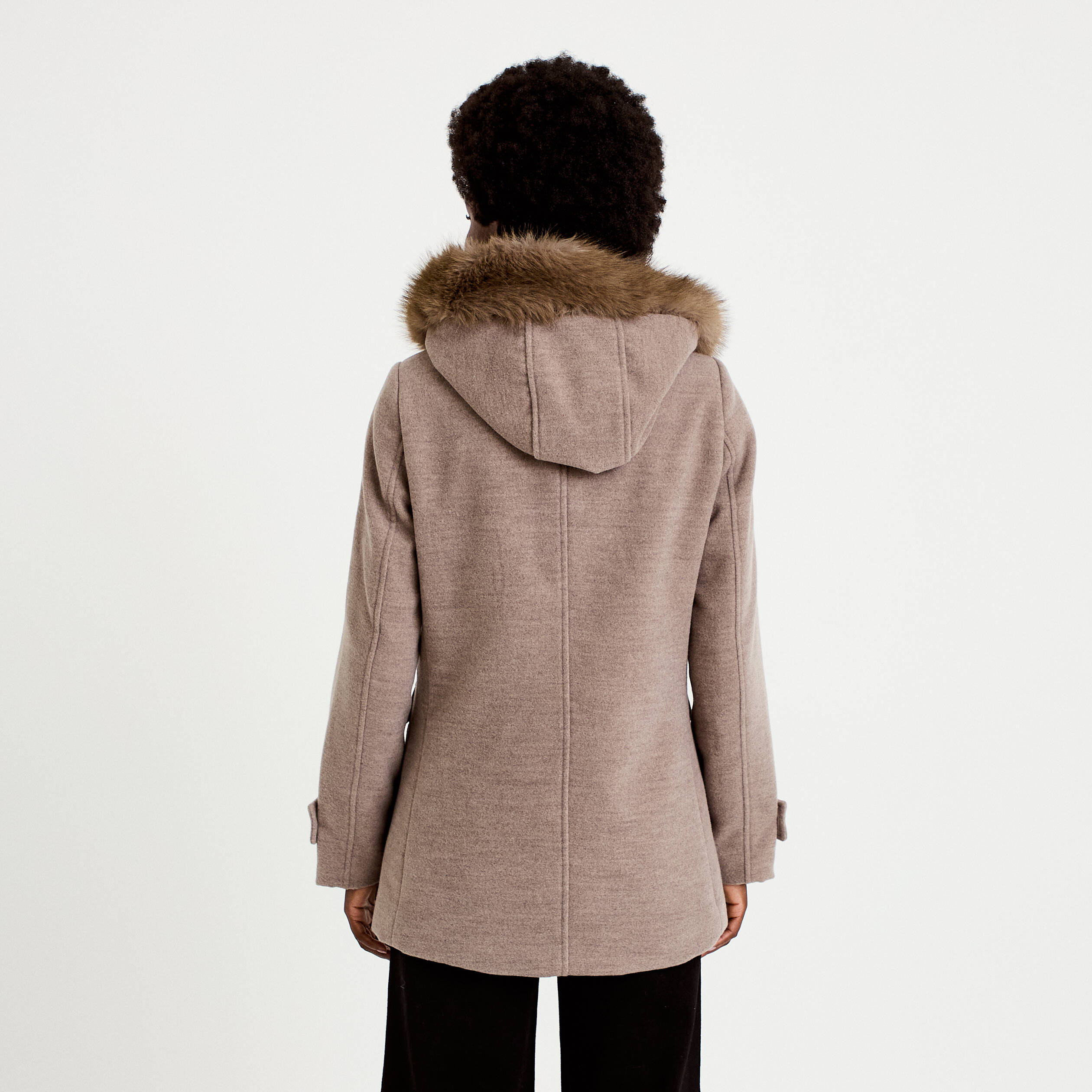 Manteau mi-long &agrave; capuche taupe femme
