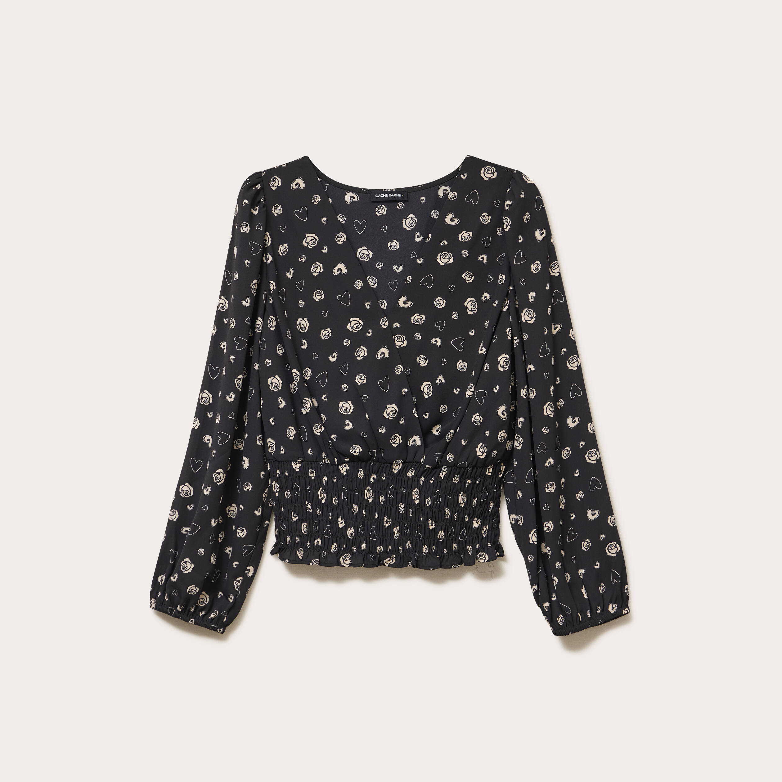 Blouse courte taille smock&eacute;e noir femme