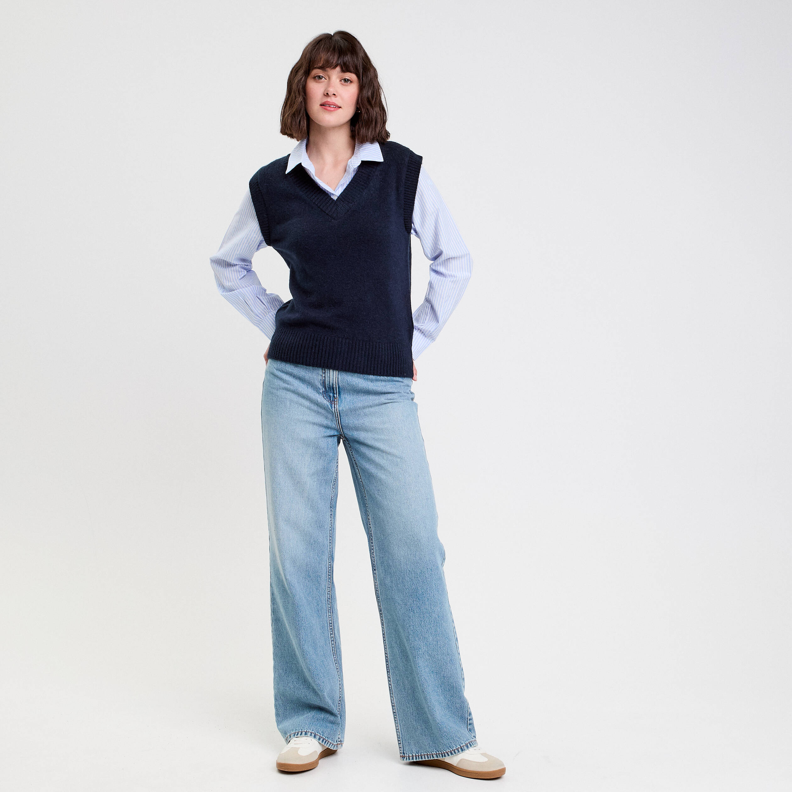 Pull chemise 2-en-1 bleu marine femme