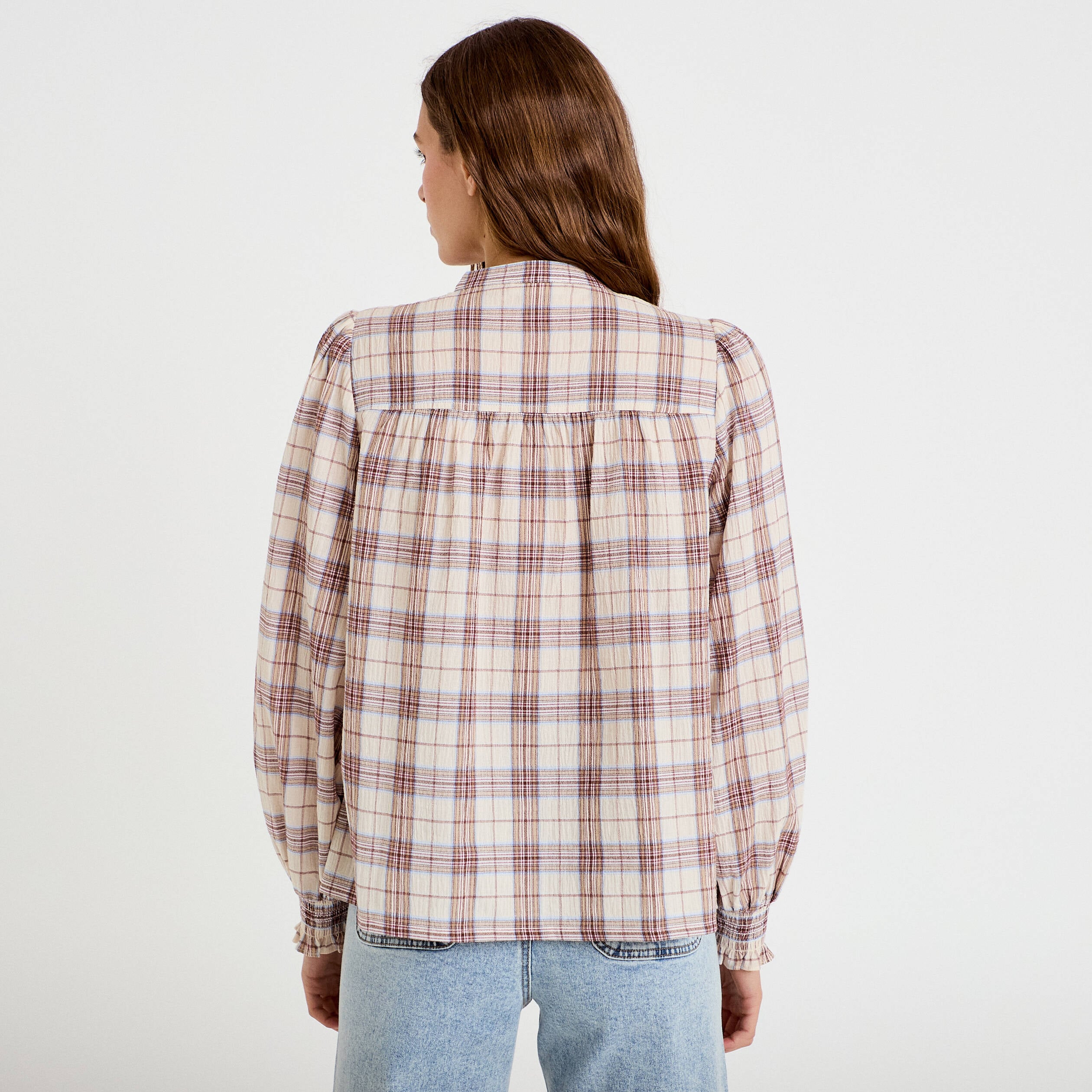 Blouse ample col montant manches longues beige femme