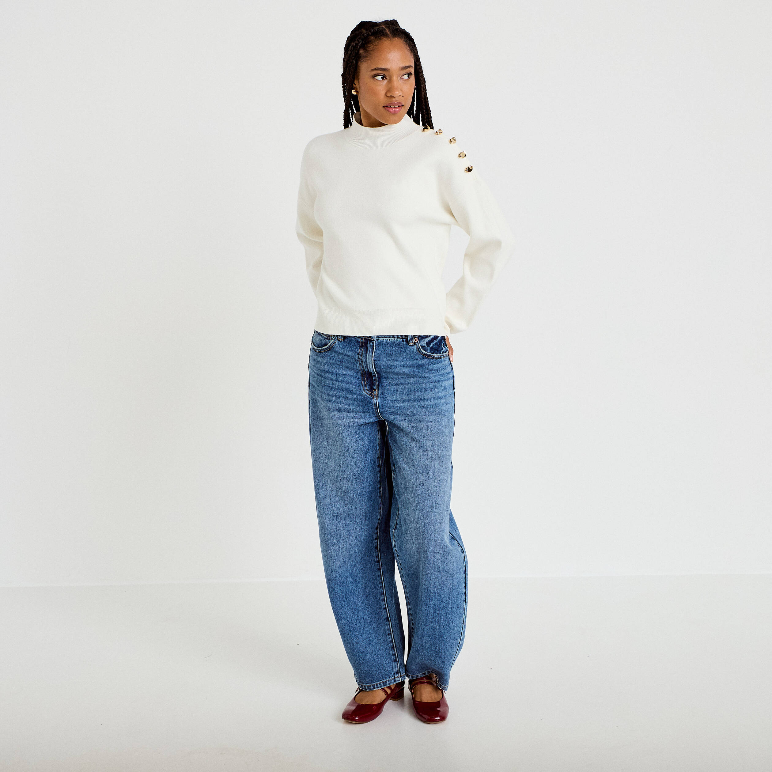 Pull col montant manches longues ecru femme