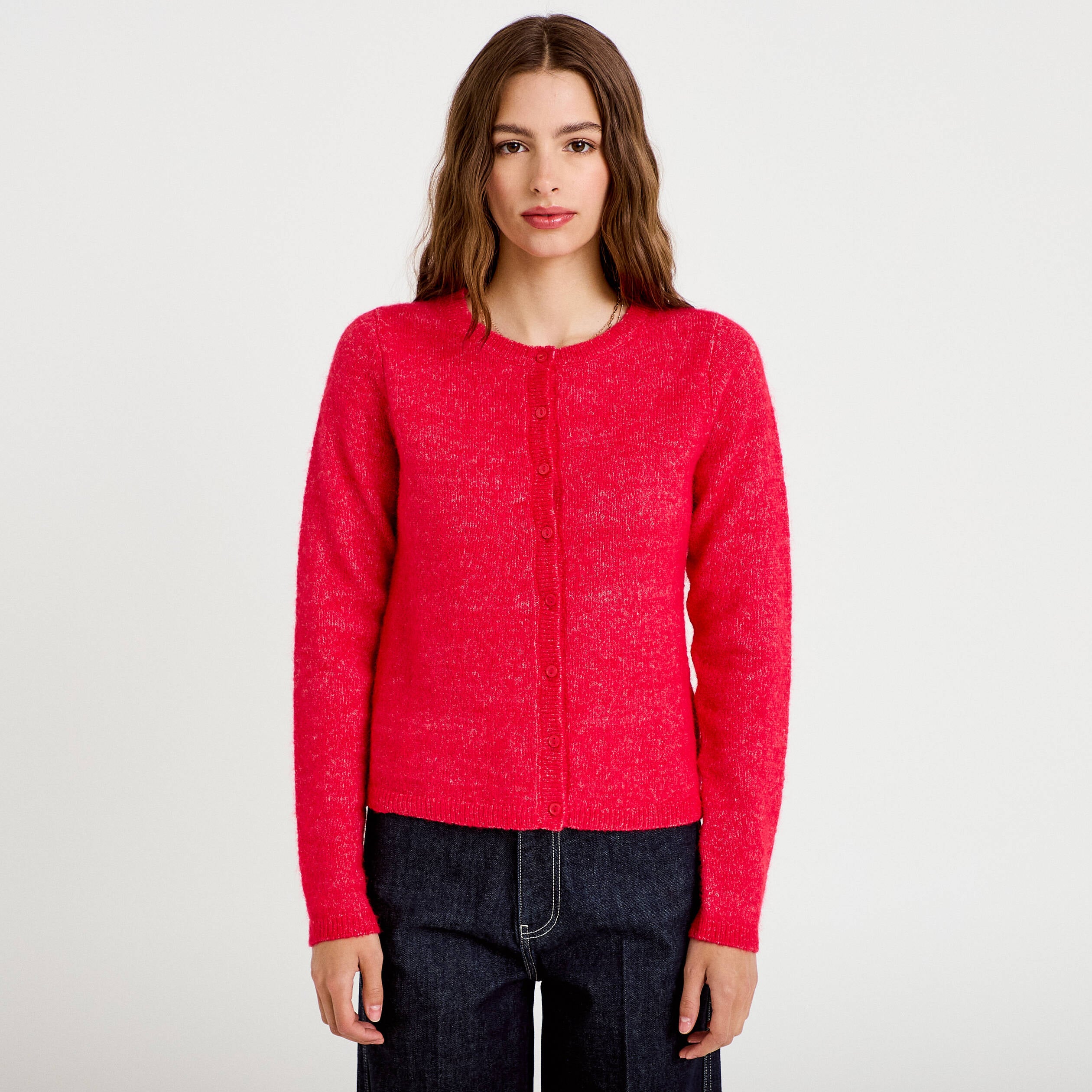 Gilet col rond manches longues rouge femme