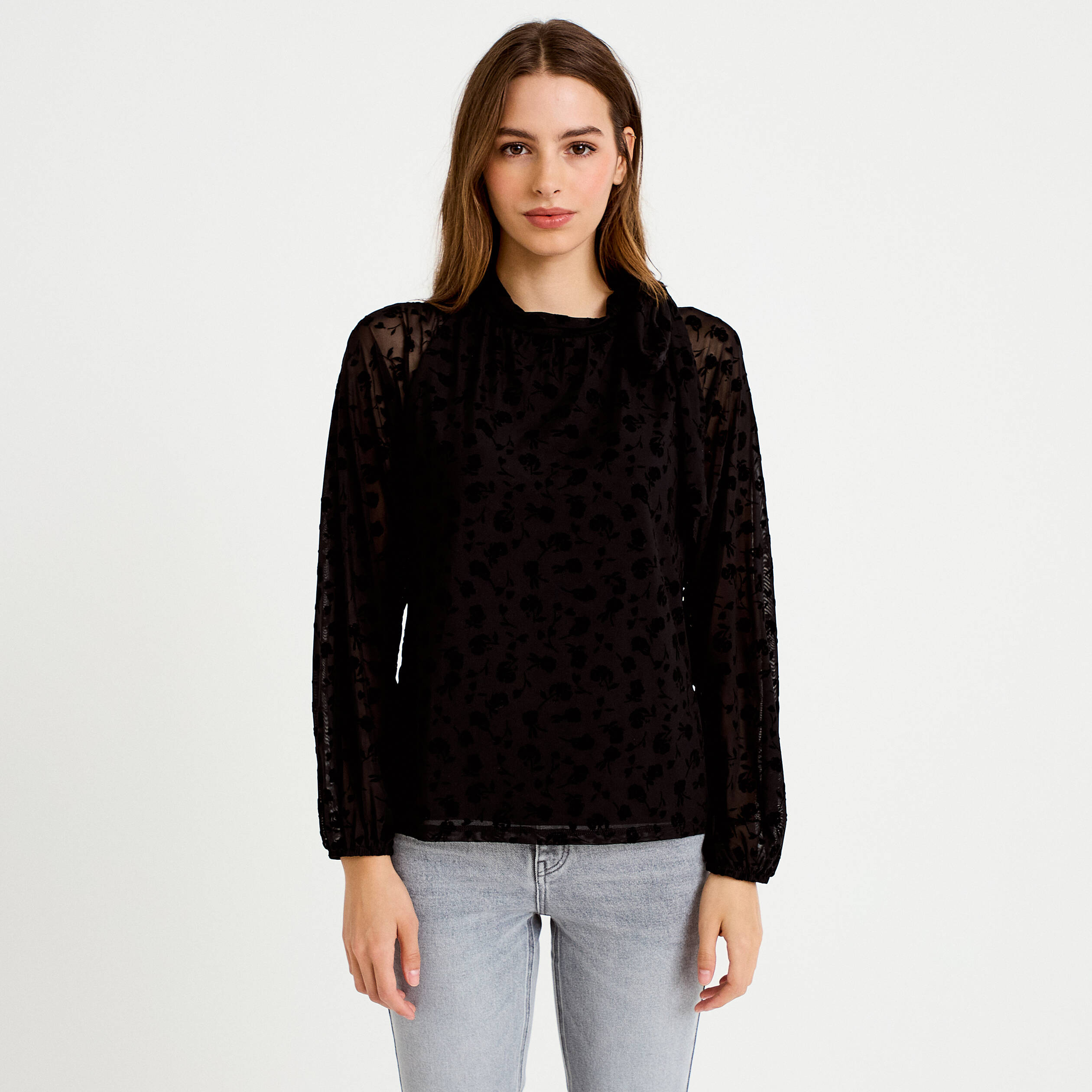 Blouse droite manches longues noir femme