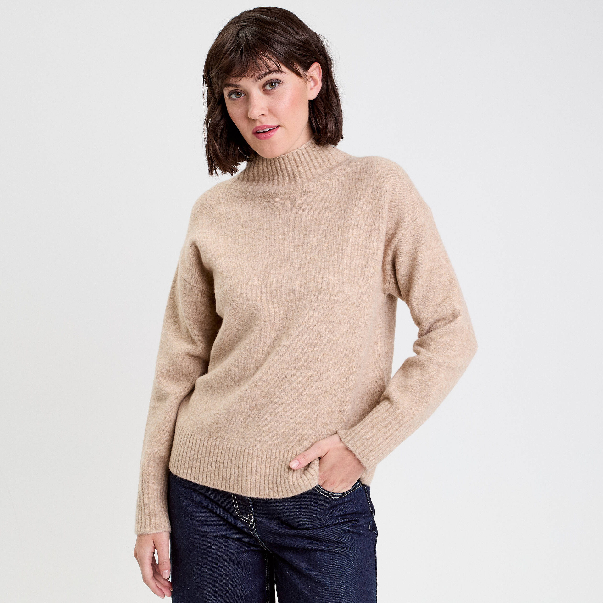 Pull col roul&eacute; manches longues beige femme