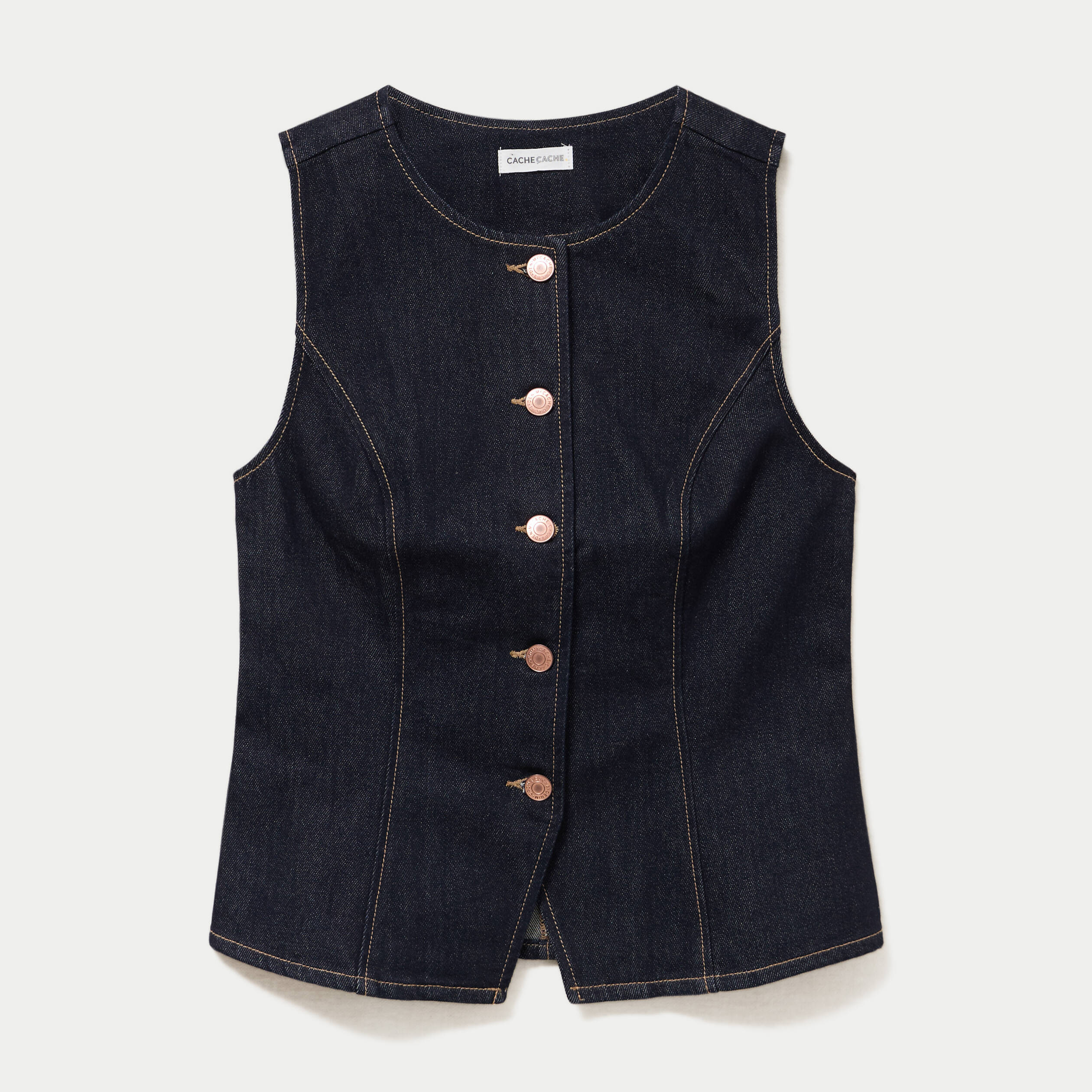 Gilet cintr&eacute; sans manches en jean denim brut femme