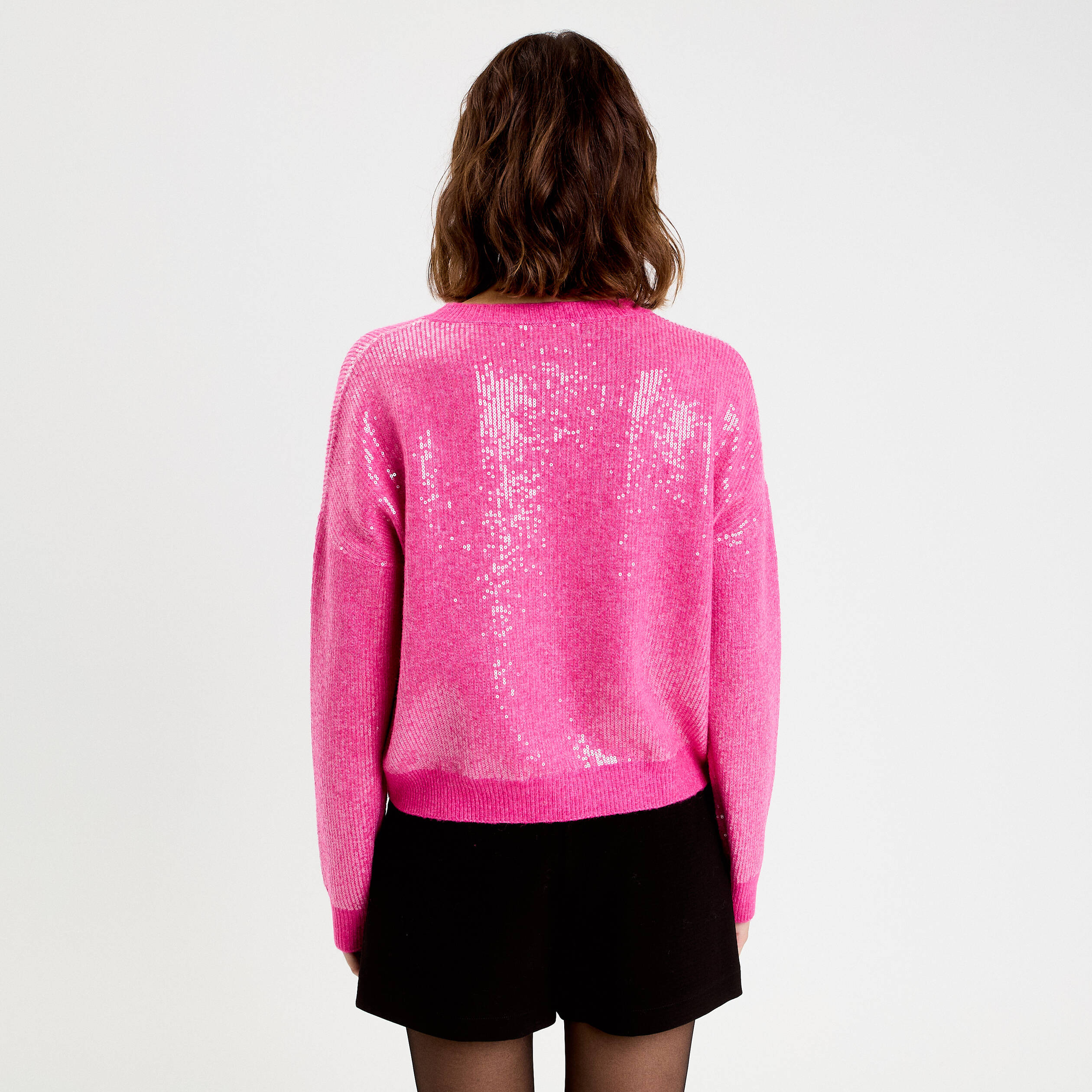 Pull manches longues avec sequins rose fushia femme