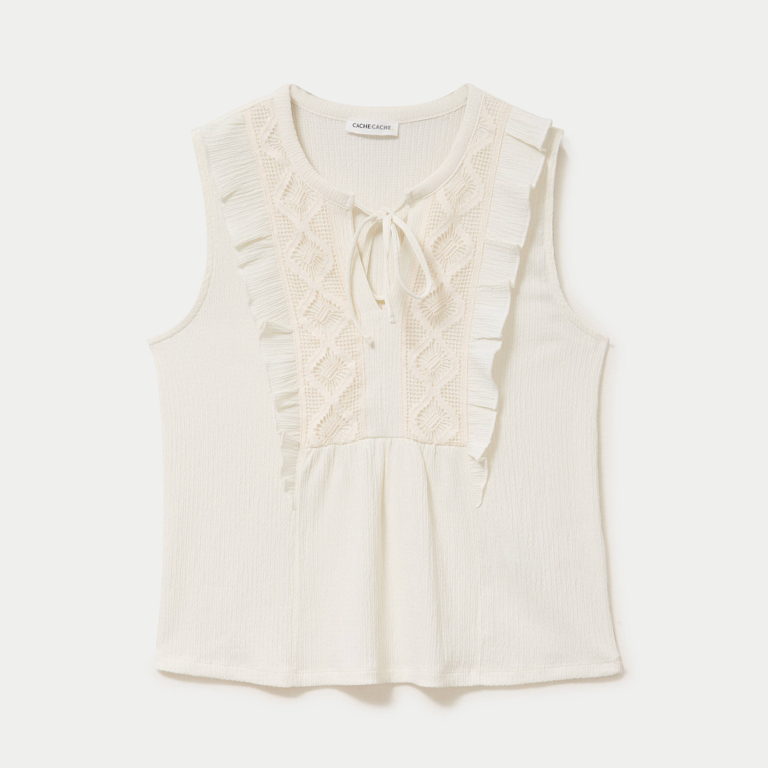 Top sans manches col v ecru femme