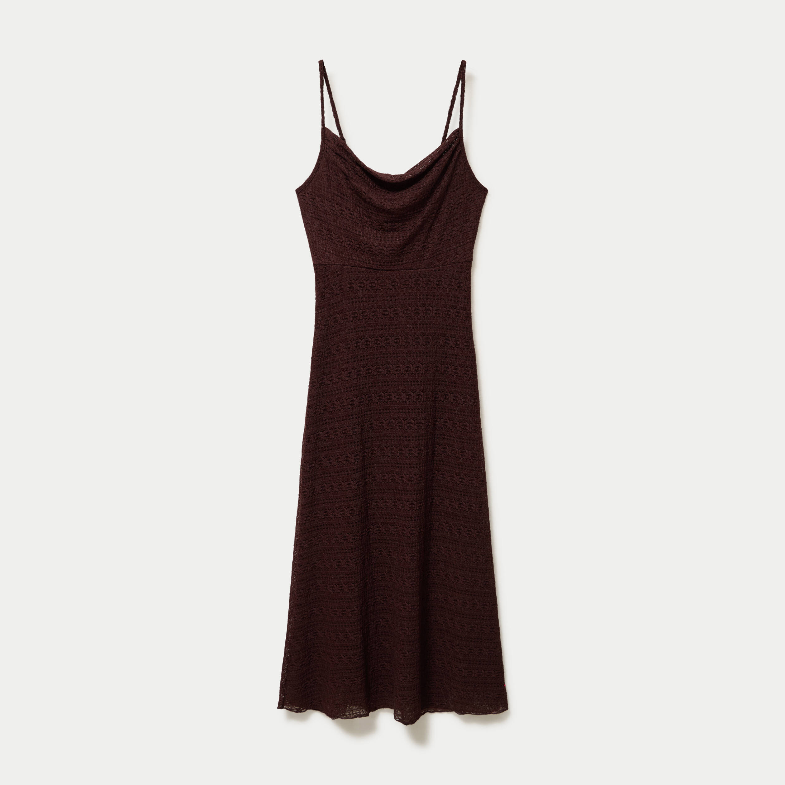 Robe longue droite col b&eacute;nitier dentelle marron femme