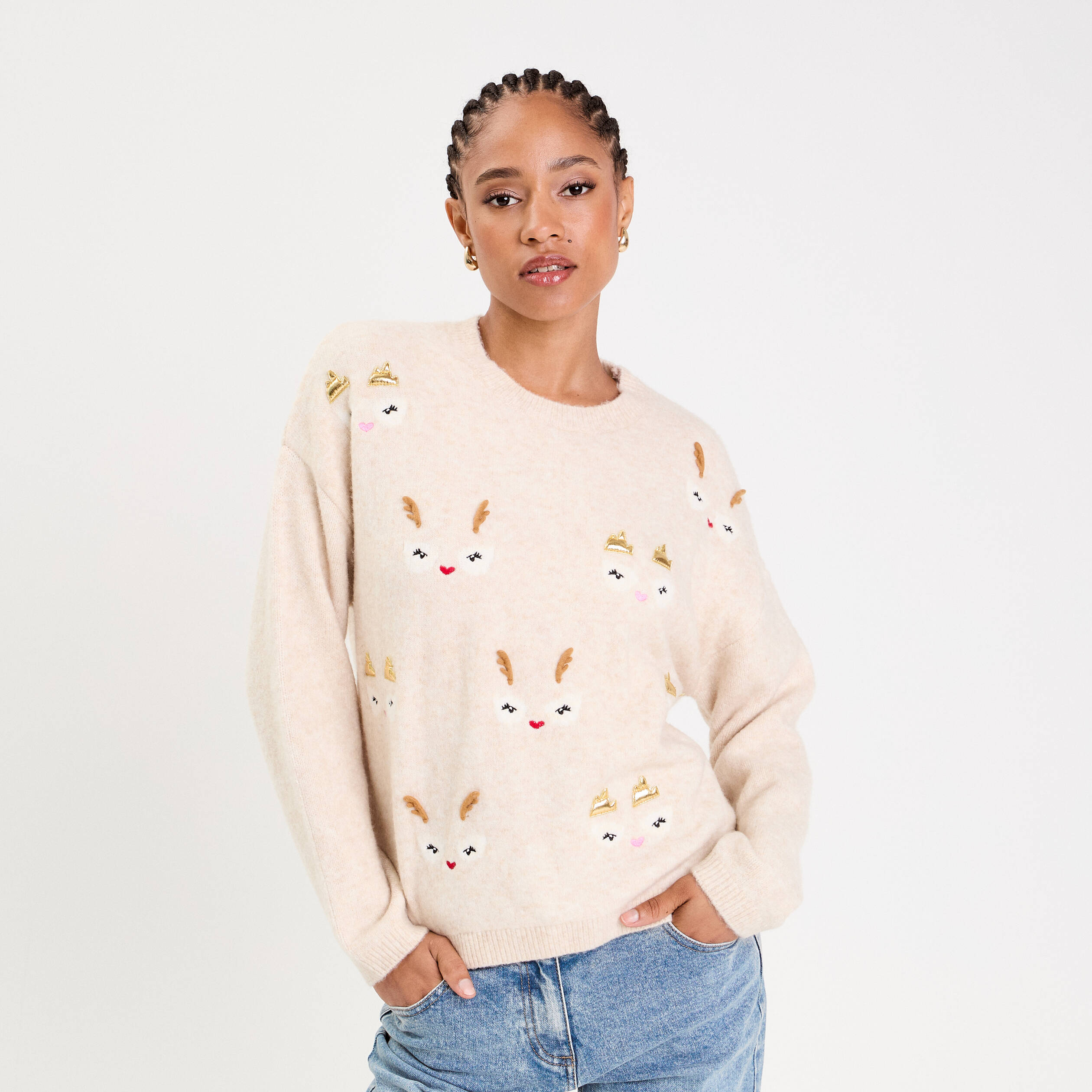 Pull manches longues beige femme