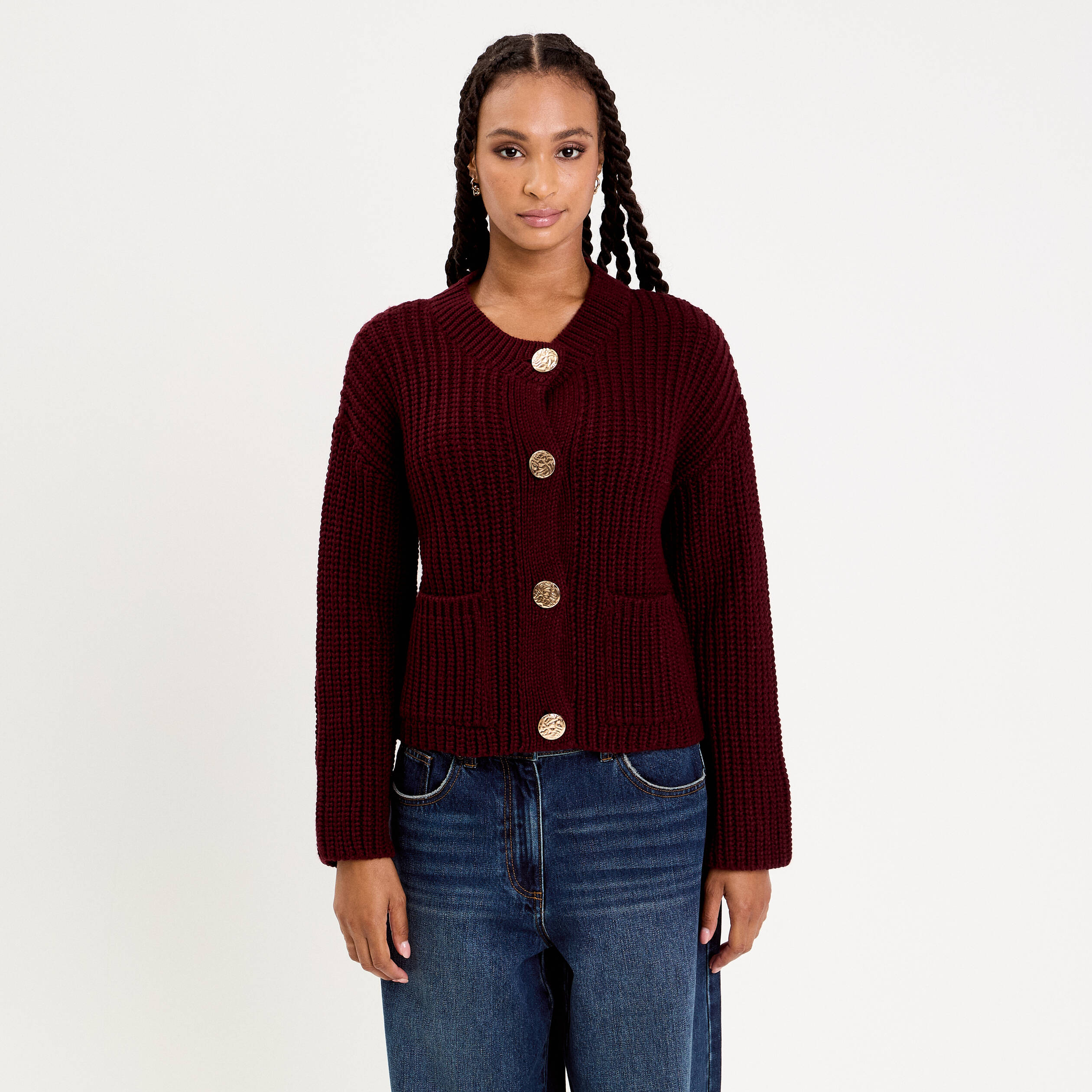 Gilet manches longues violet fonc&eacute; femme