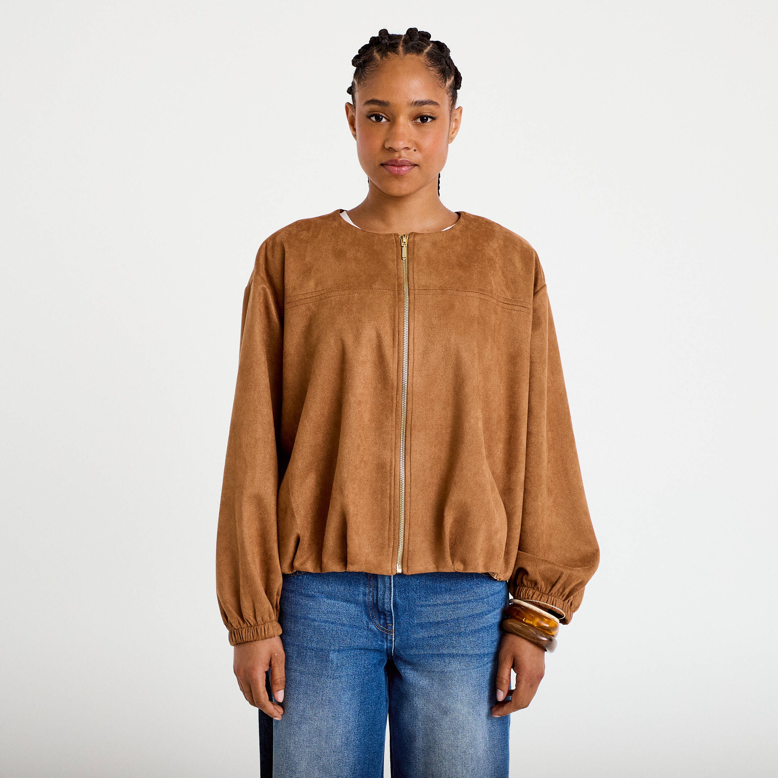 Veste oversize effet boule aspect daim camel femme