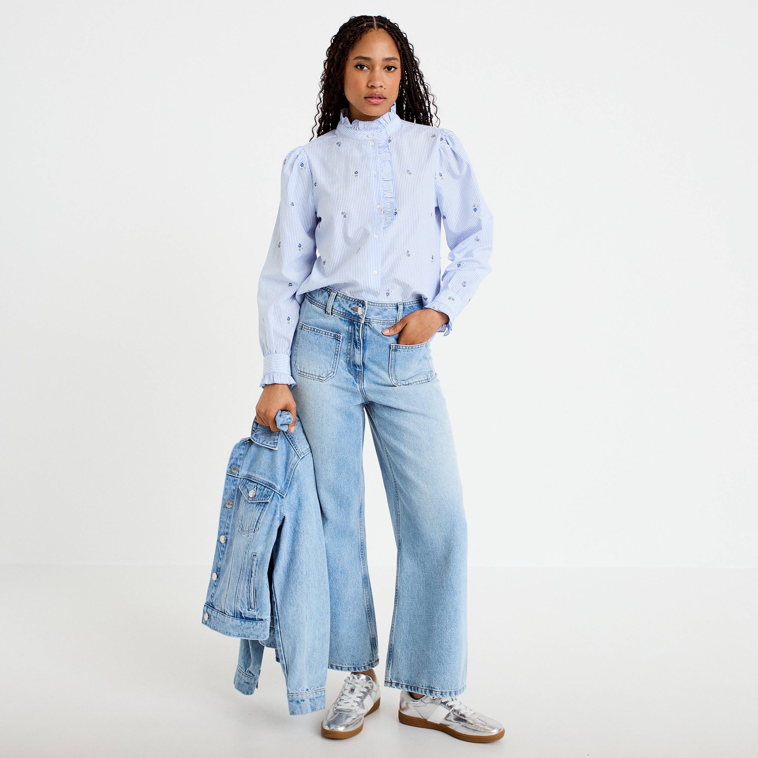 Chemise droite manches longues bleu ciel femme
