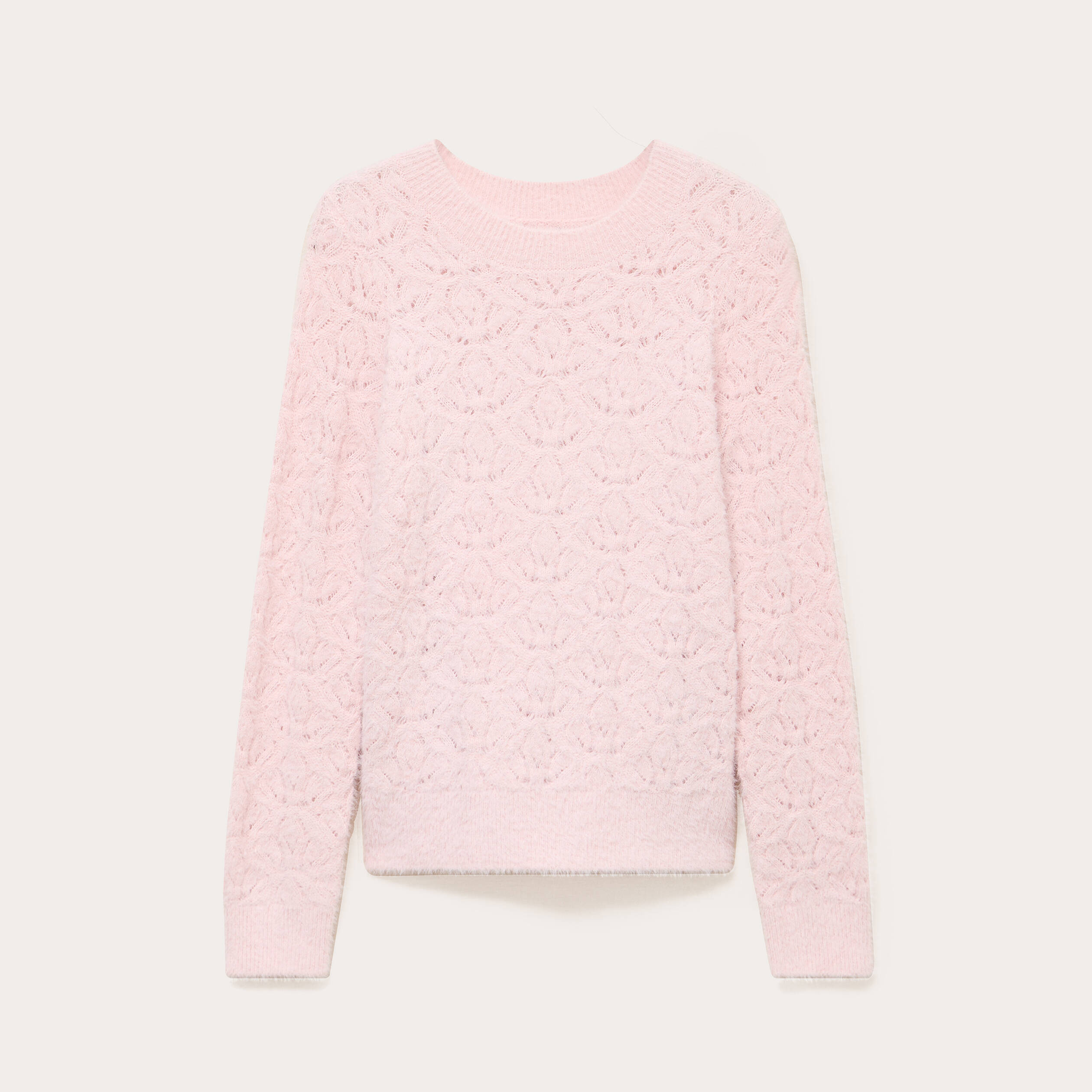Pull ajour&eacute; col rond manches longues rose pastel femme