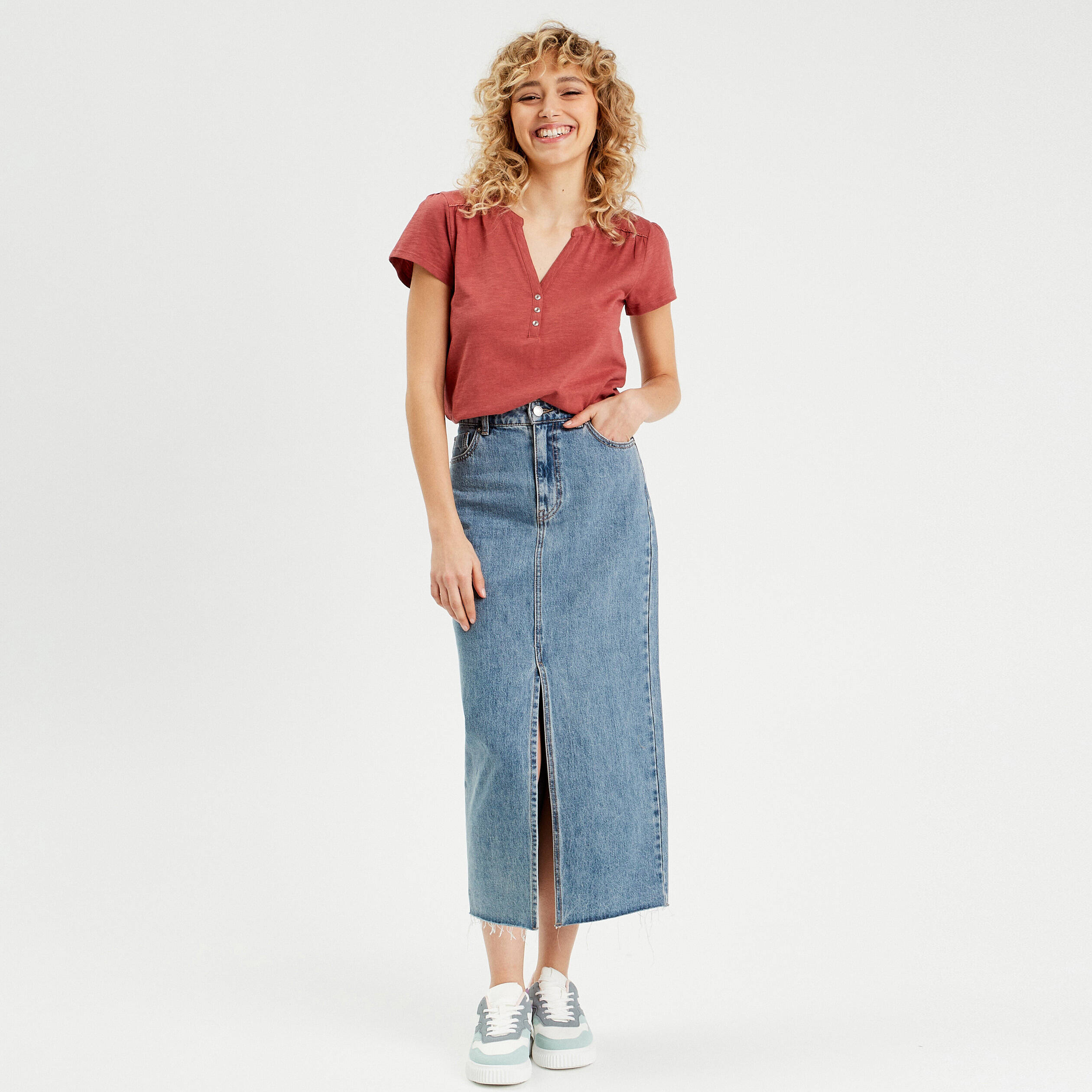 T-shirt boutonn&eacute; sur le devant vieux rose femme
