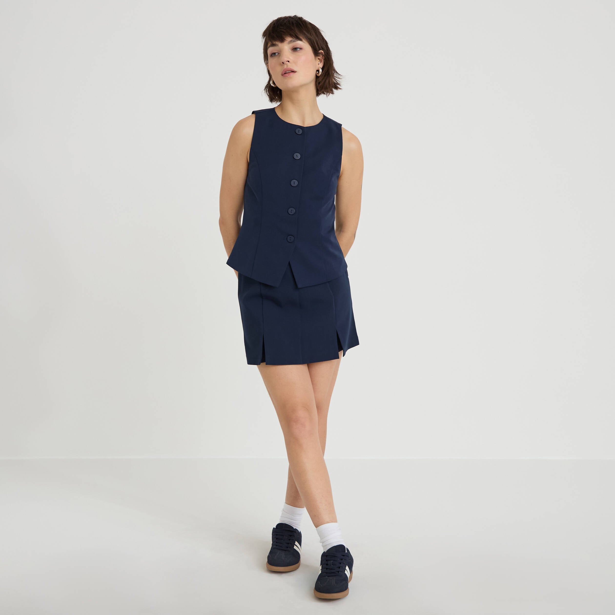 Jupe-short droite fentes bleu marine femme