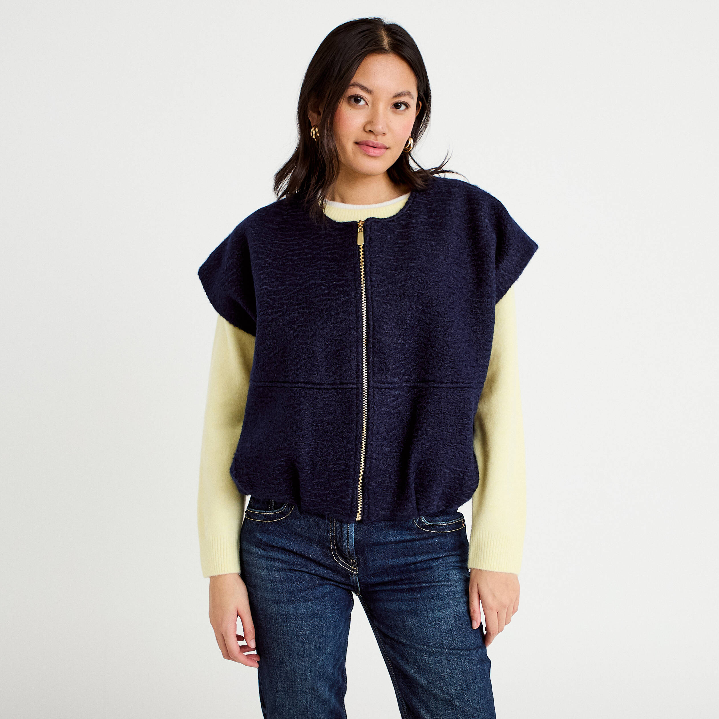 Veste oversize sans manches col rond bleu marine femme