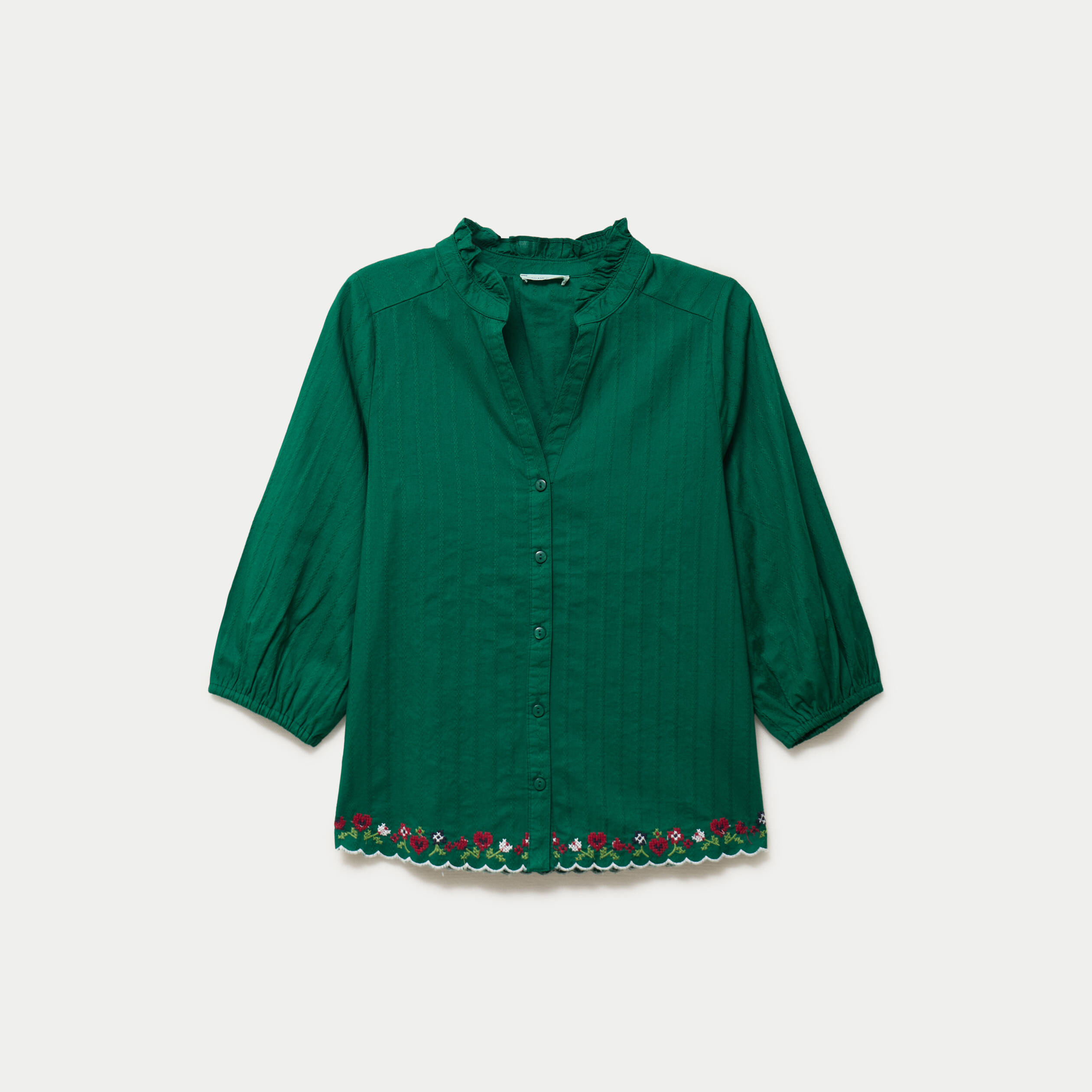 Blouse broderie col v manches 3/4 vert fonc&eacute; femme