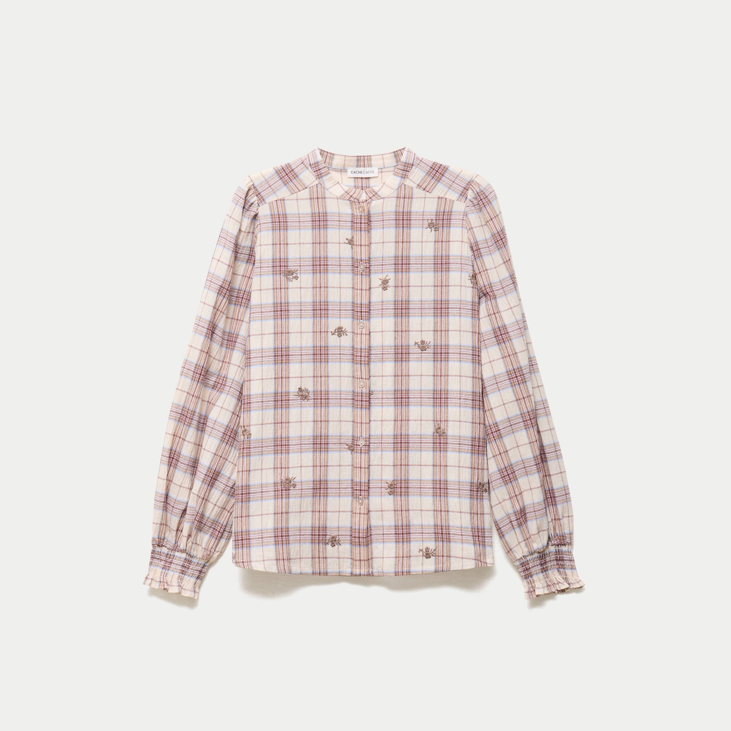 Blouse ample col montant manches longues beige femme