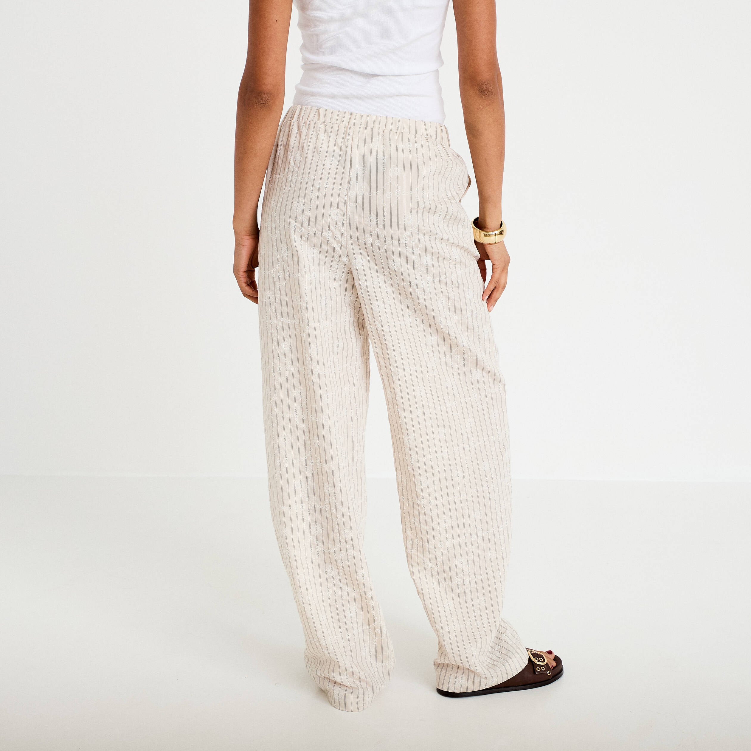 Pantalon large taille haute creme femme