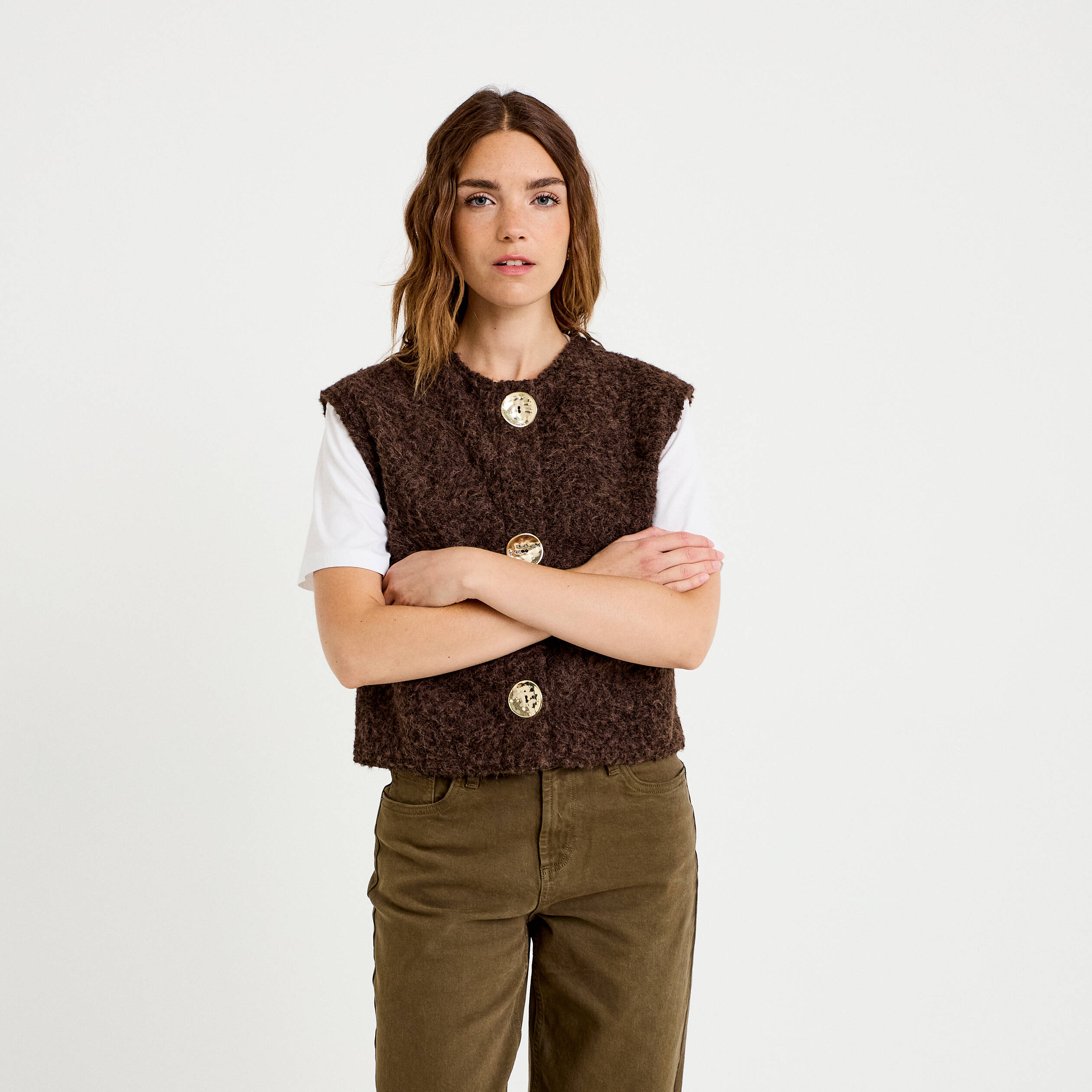 Gilet sans manches effet polaire marron fonc&eacute; femme