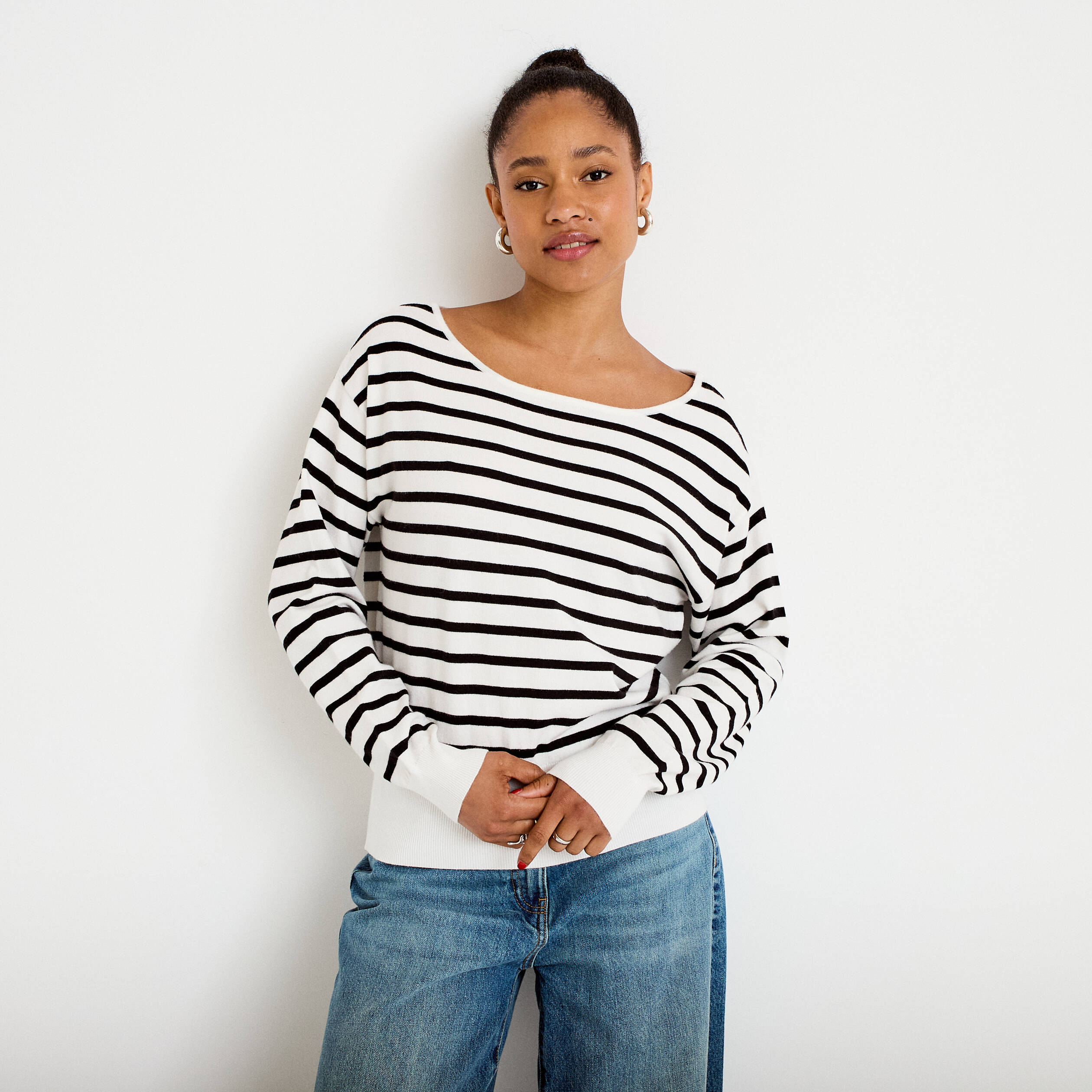 Pull ample manches longues fin blanc femme
