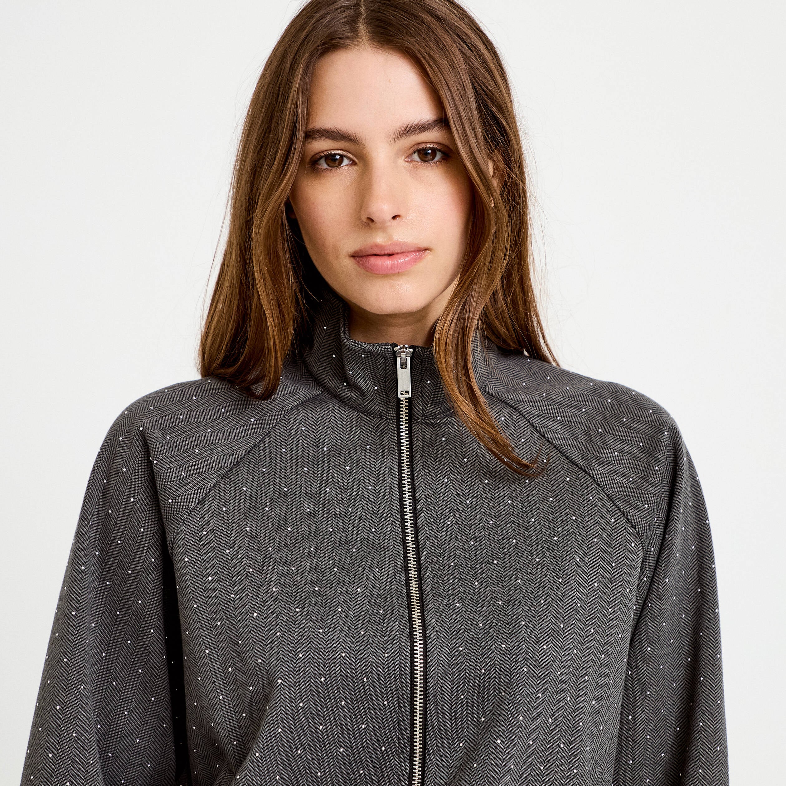 Veste effet boule col montant tweed noir femme