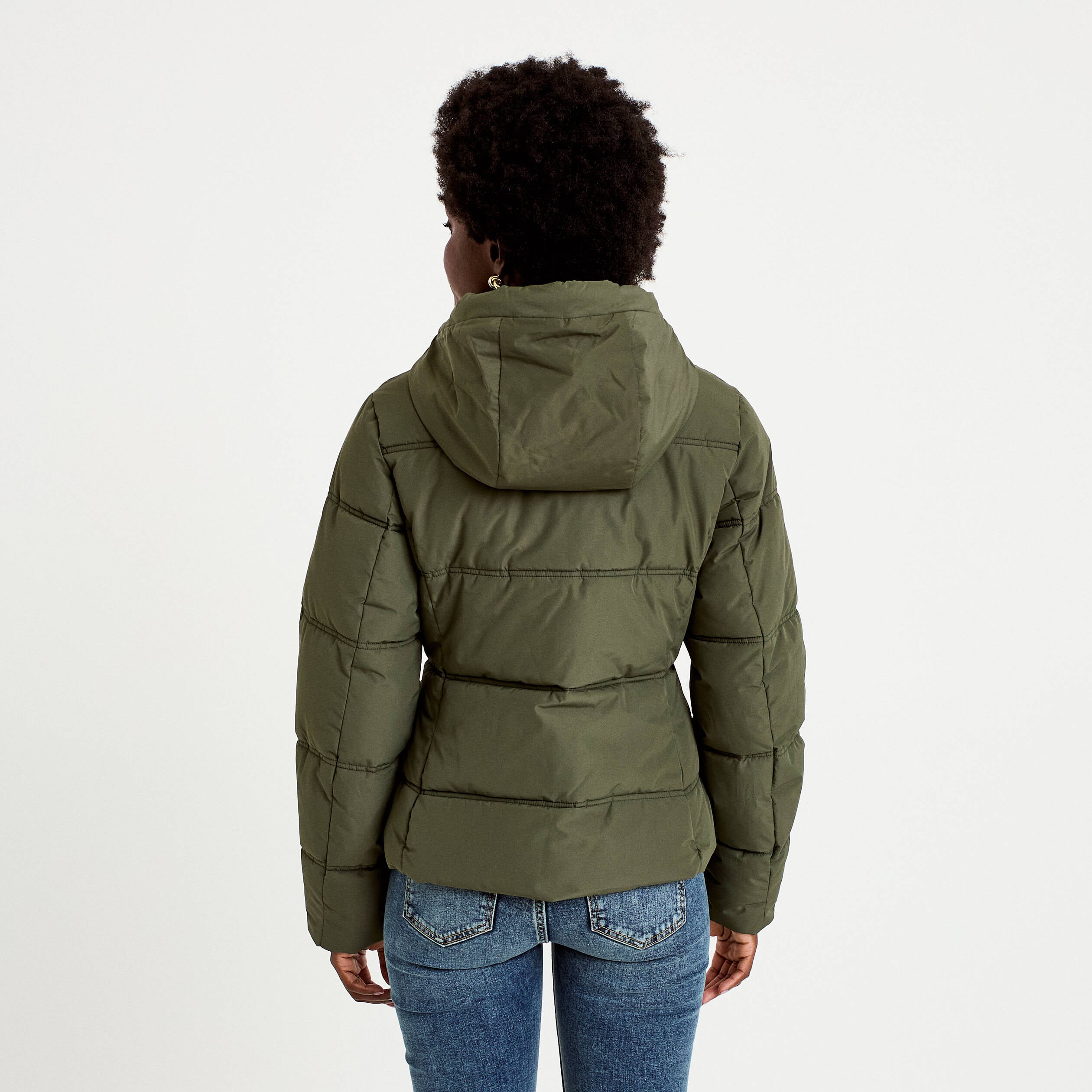 Doudoune cintr&eacute;e &agrave; capuche vert kaki femme