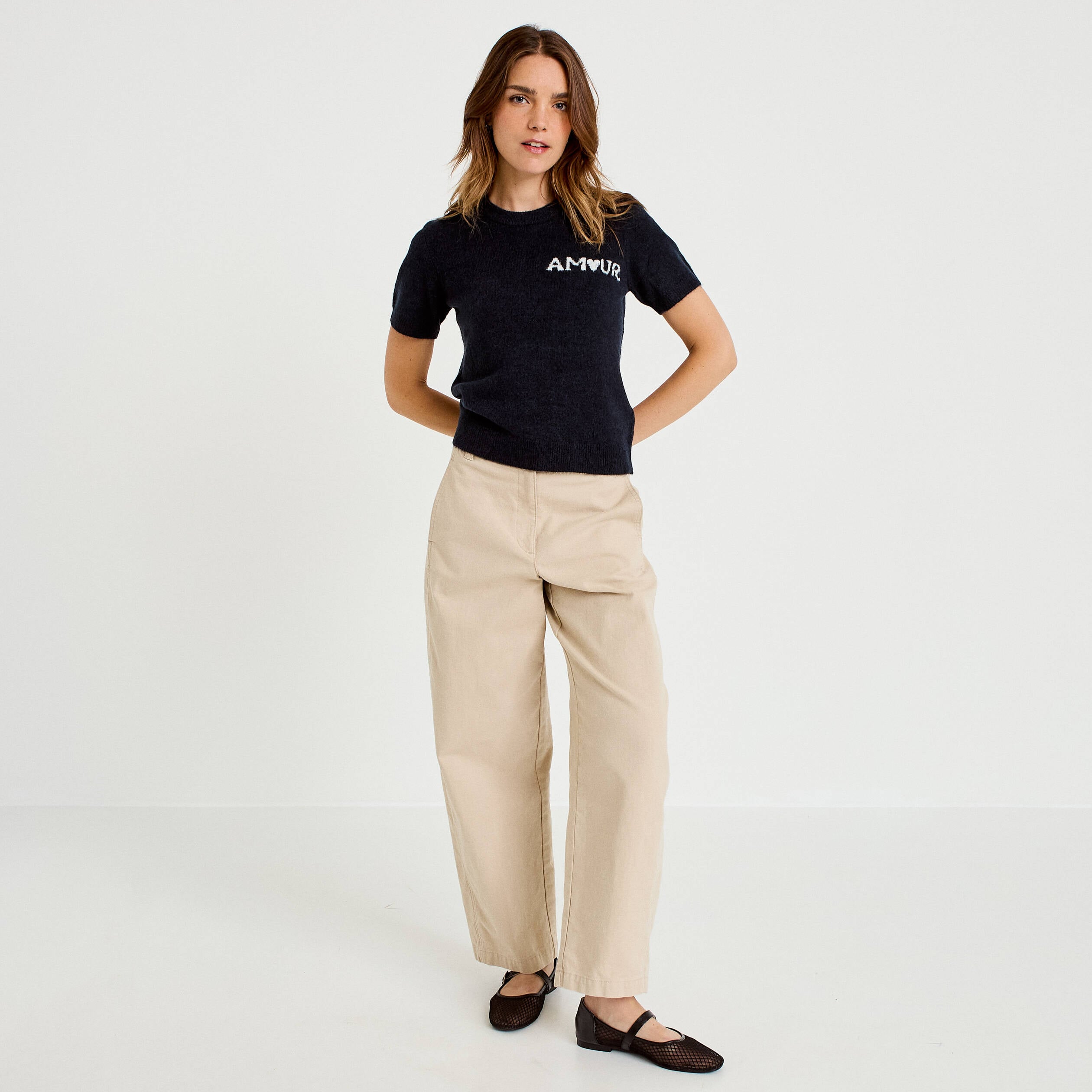 Pull ample manches courtes bleu marine femme