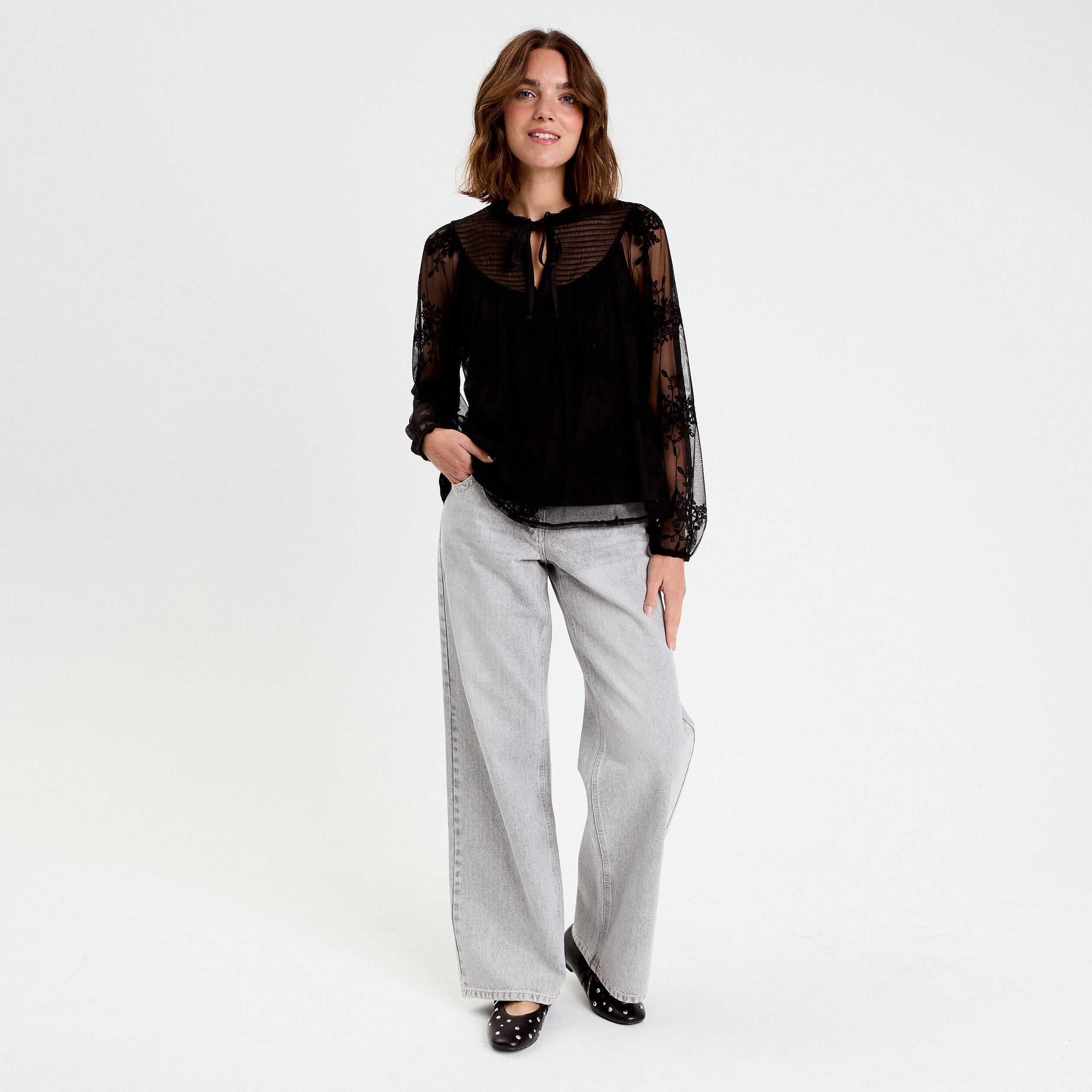 Blouse dentelle manches longues noir femme