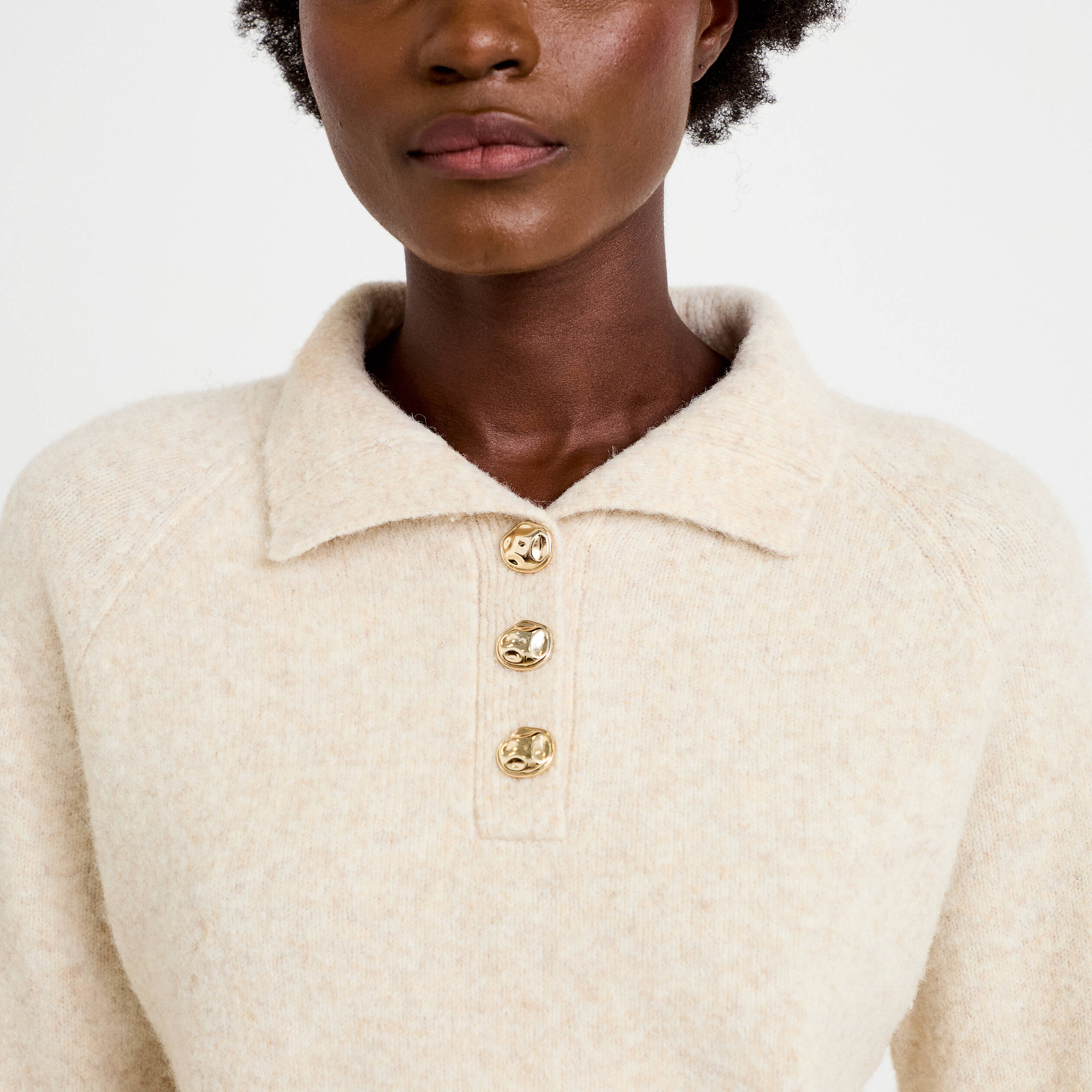 Polo manches longues col chemise beige femme
