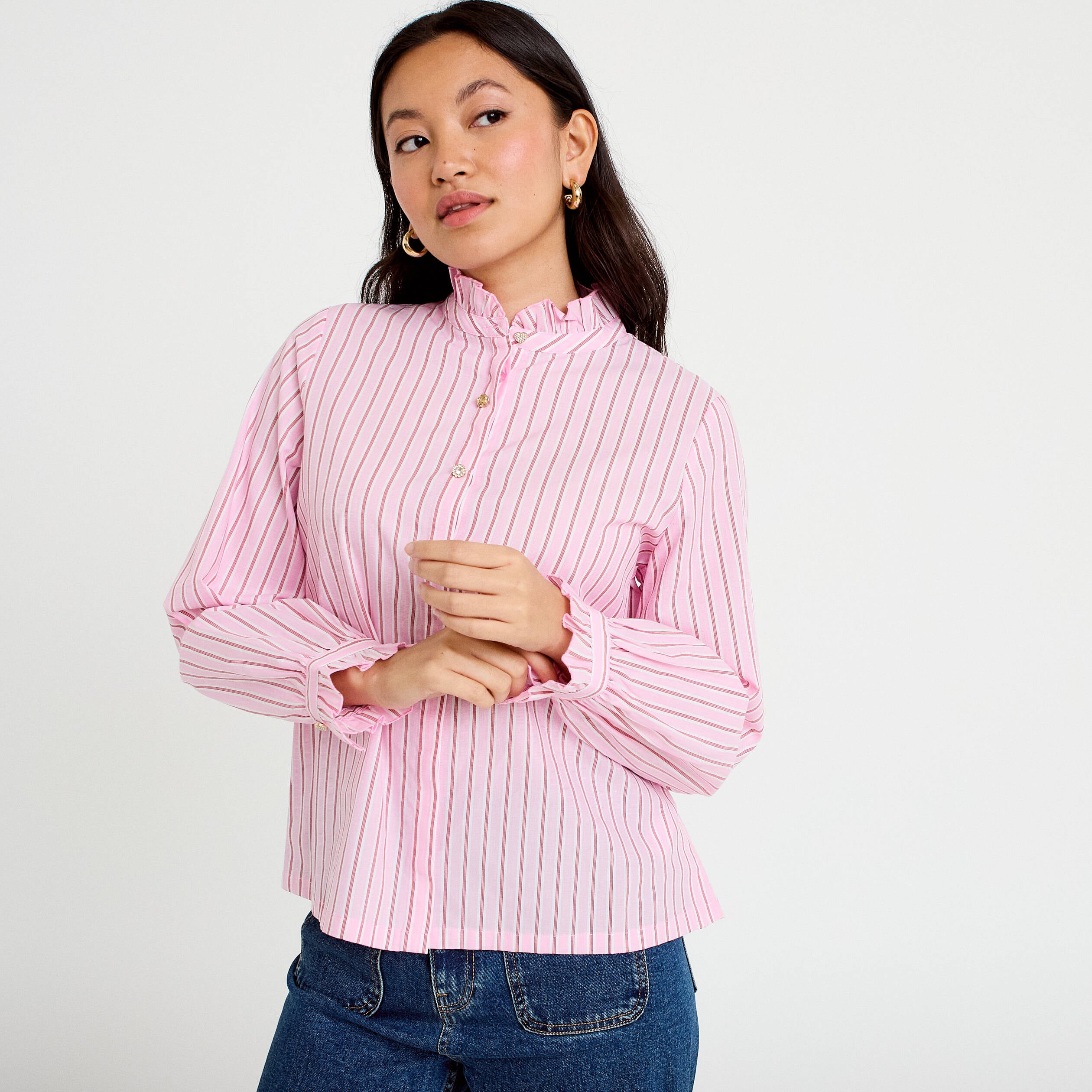 Chemise droite manches longues rose femme