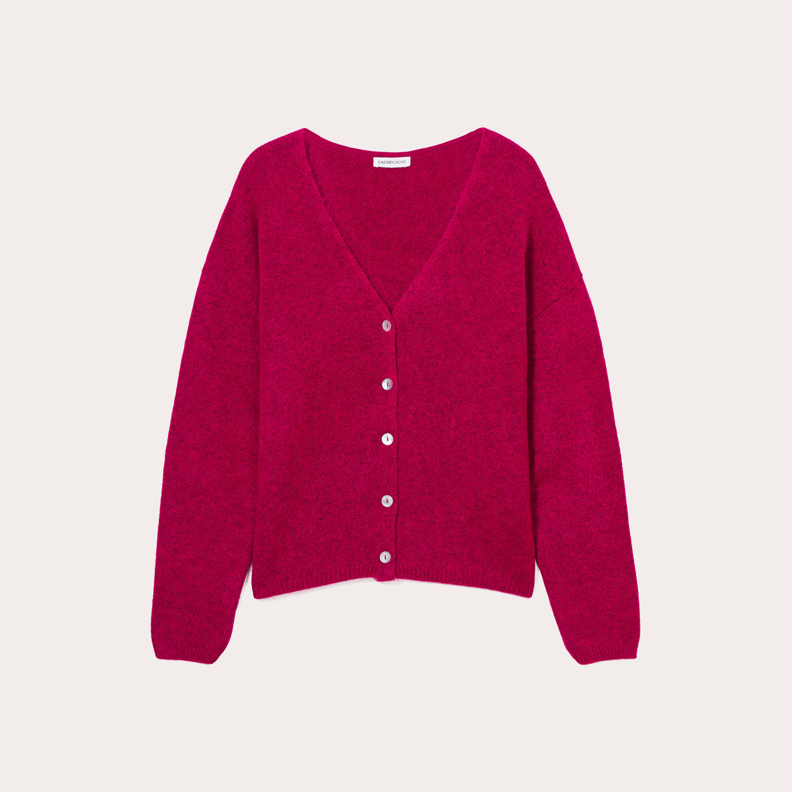 Gilet boutonn&eacute; avec col en V rose fushia femme