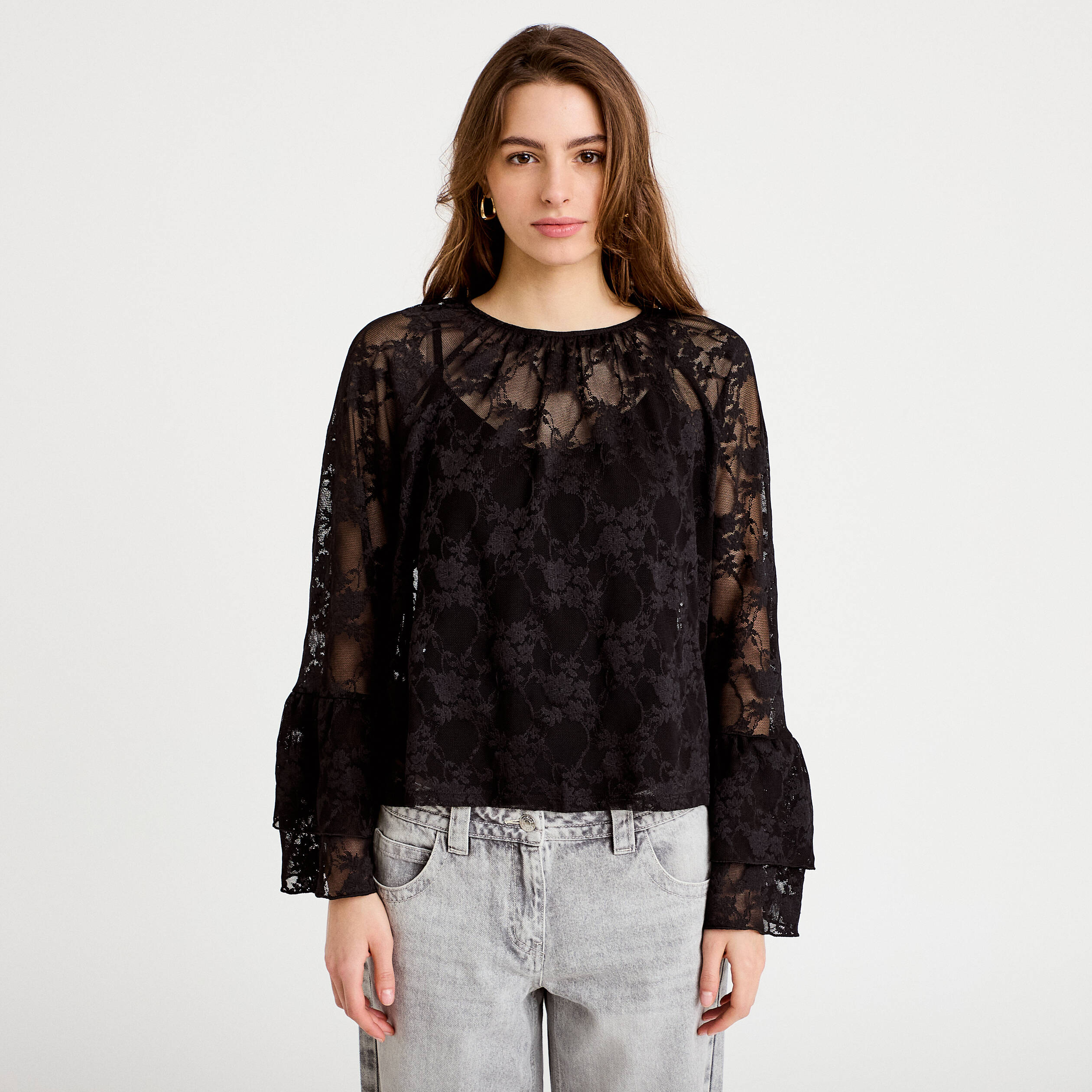 Blouse col rond manches longues dentelle noir femme