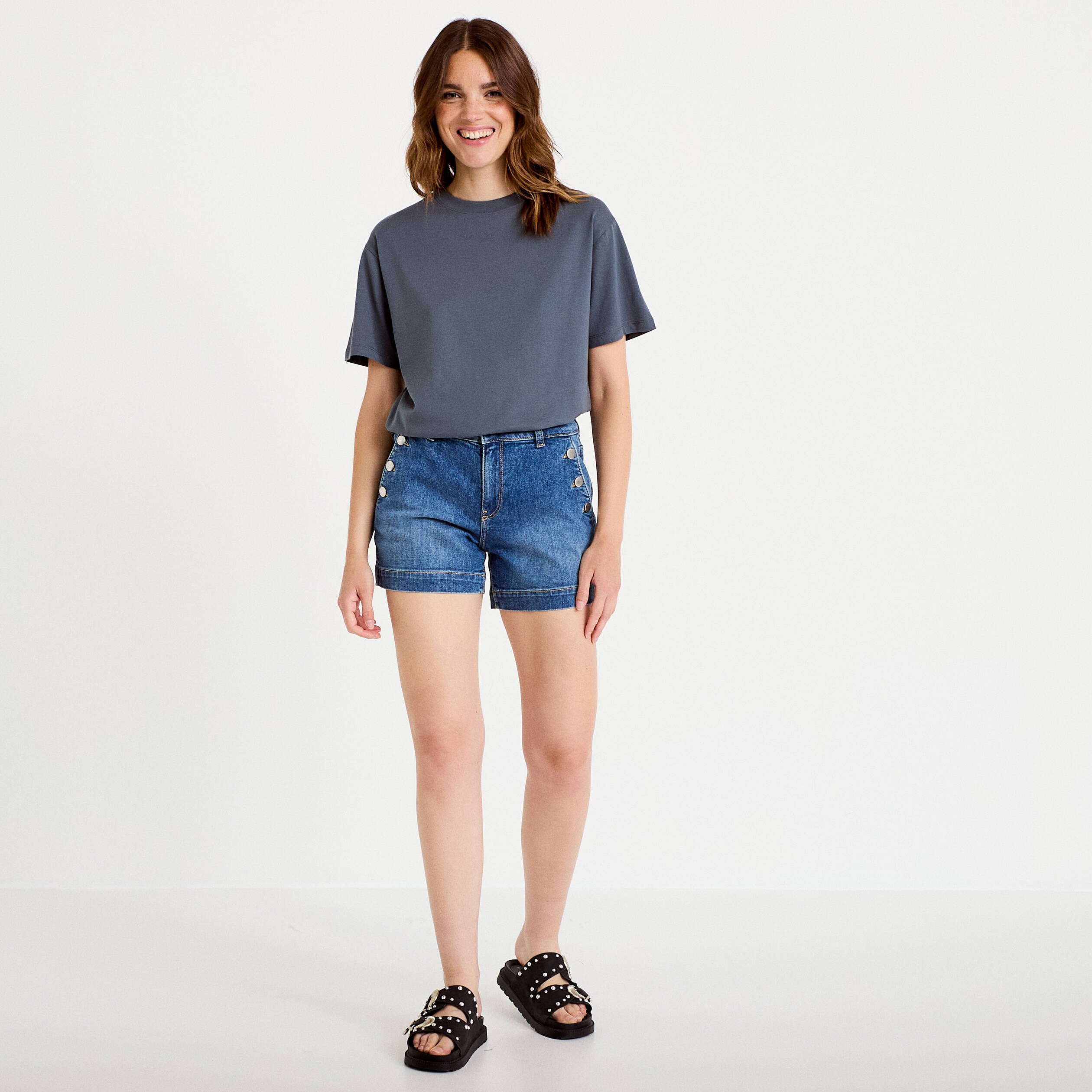 T-shirt col rond manches courtes gris femme