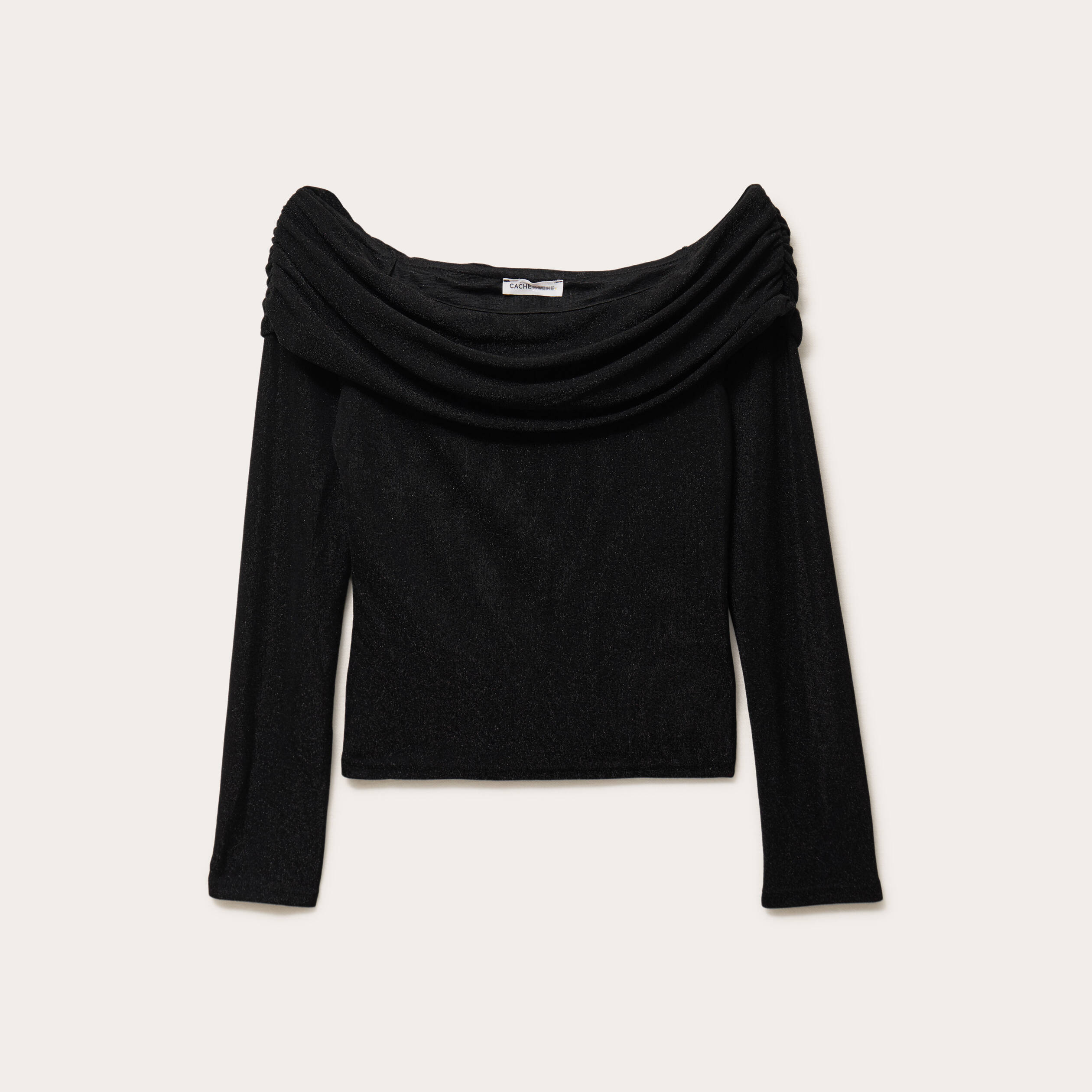 T-shirt col bardot brillant noir femme