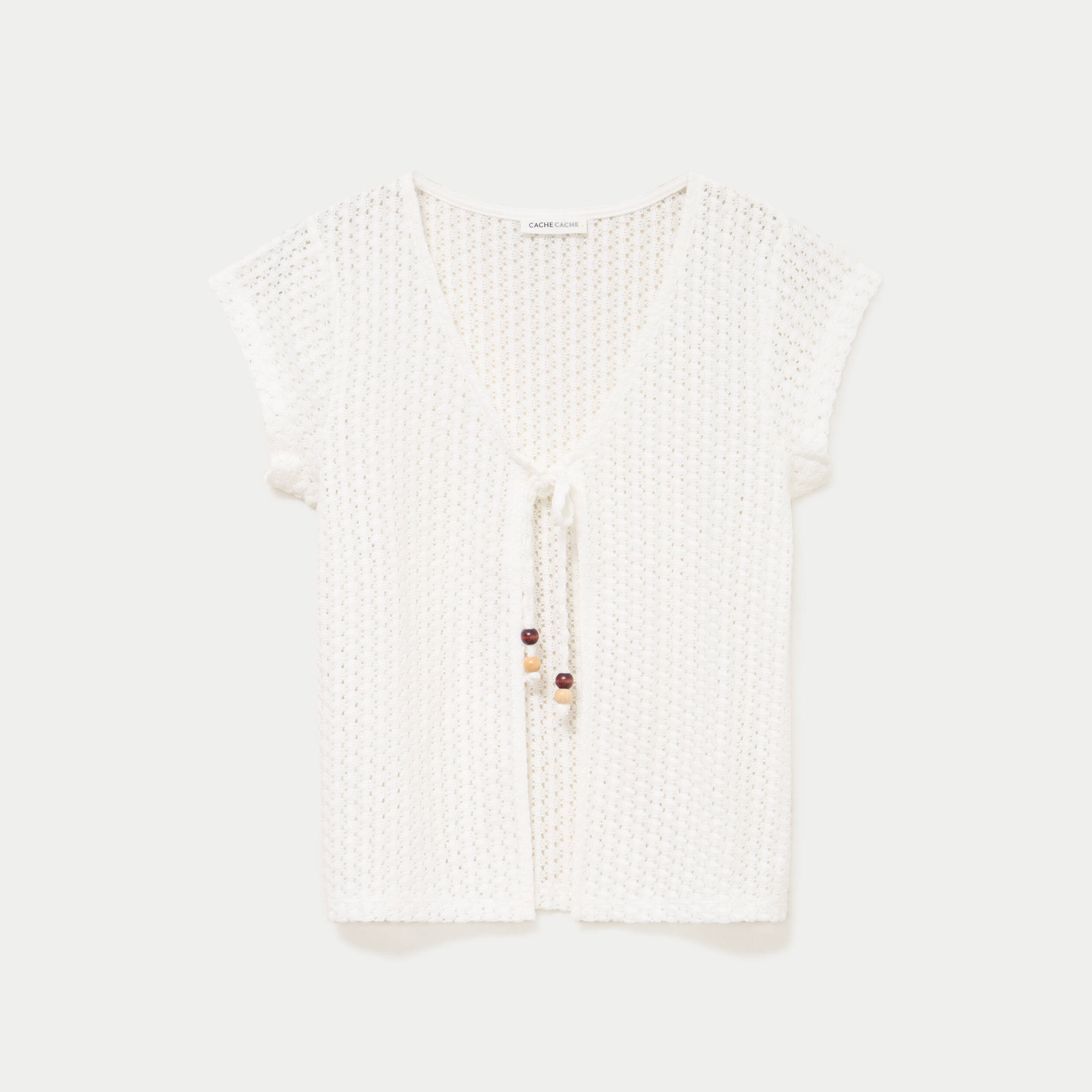 Gilet manches courtes aspect dentelle ecru femme