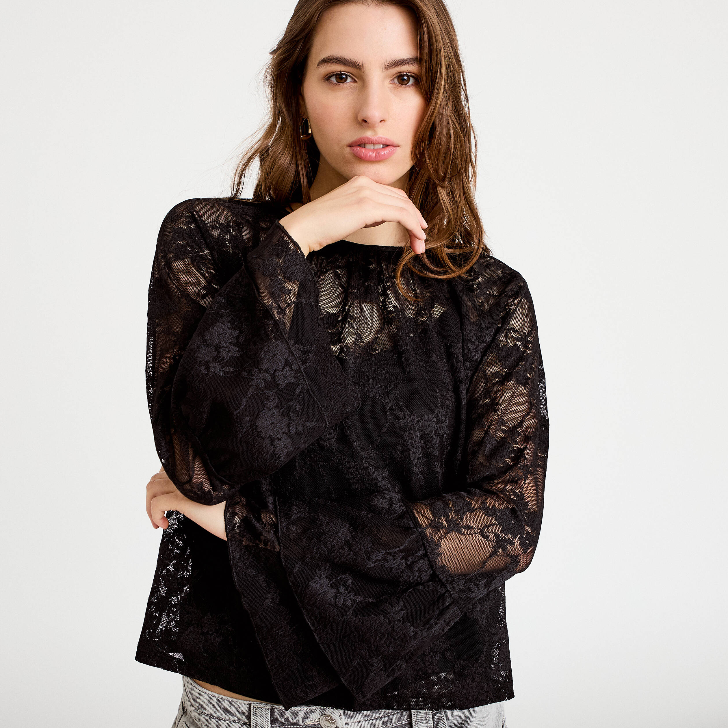 Blouse col rond manches longues dentelle noir femme