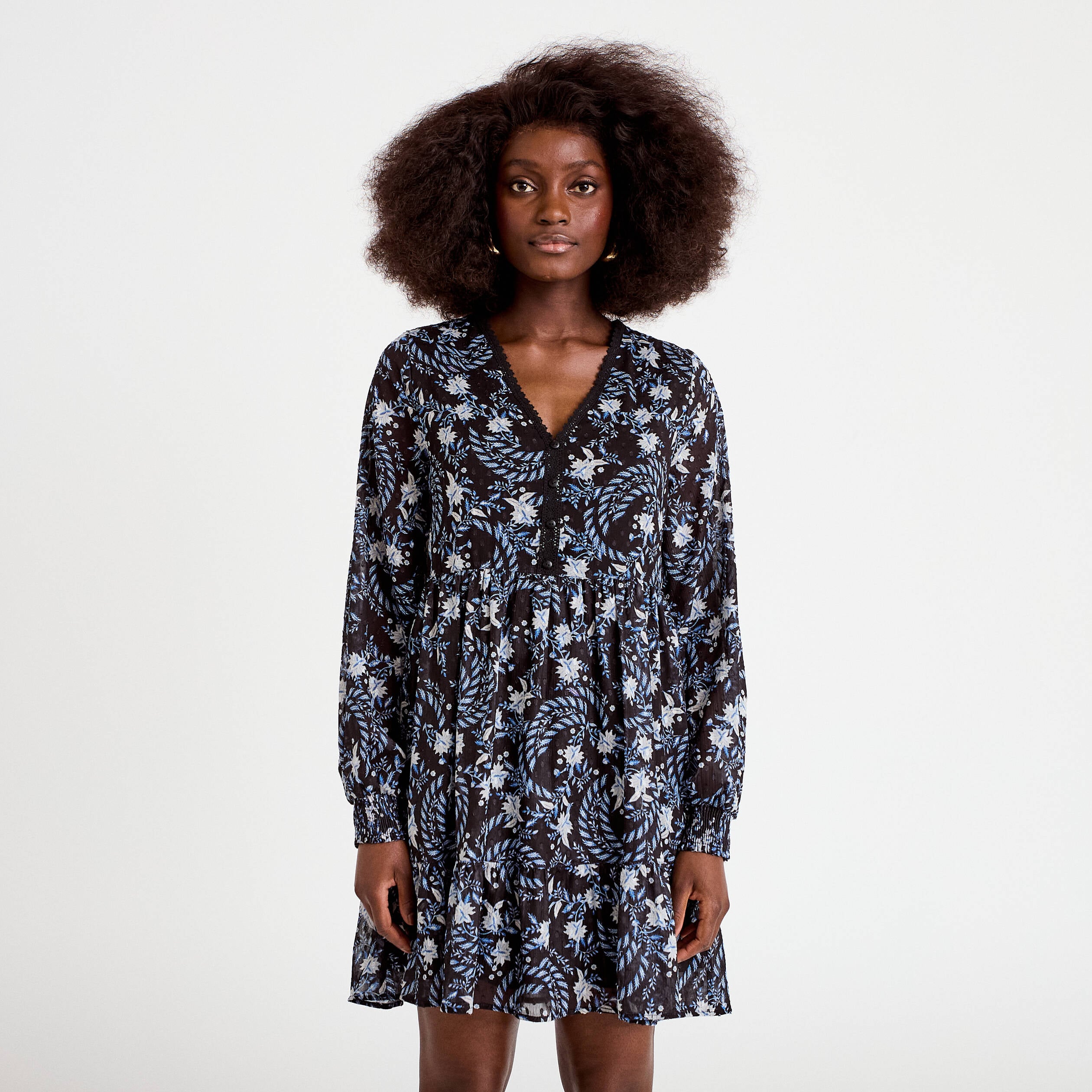 Robe droite col v manches longues noir femme