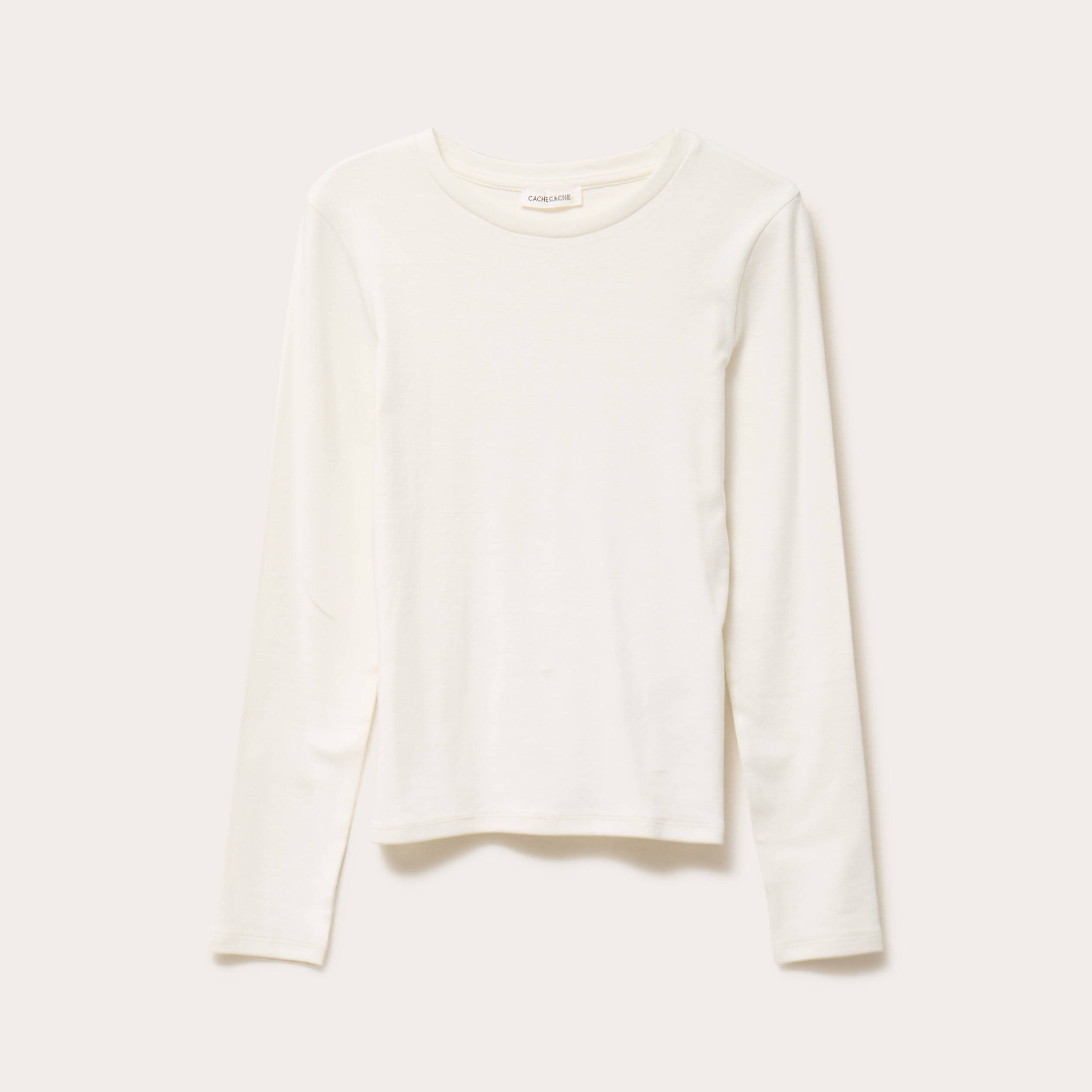T-shirt cintr&eacute; col rond manches longues ecru femme